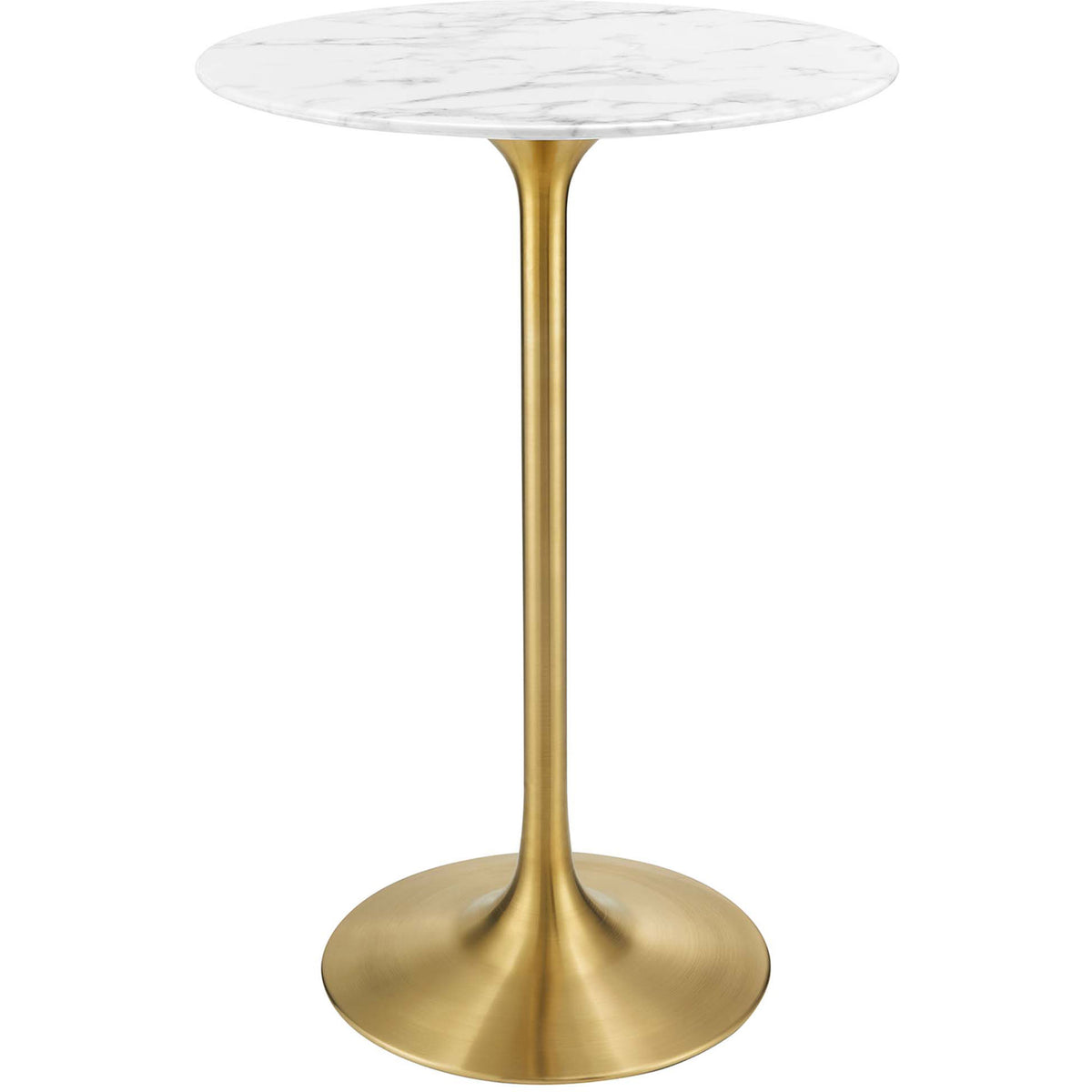 Round faux marble bar table with beveled edge and tapered brushed gold pedestal base || EEI-3264-GLD-WHI || front_angle_studio