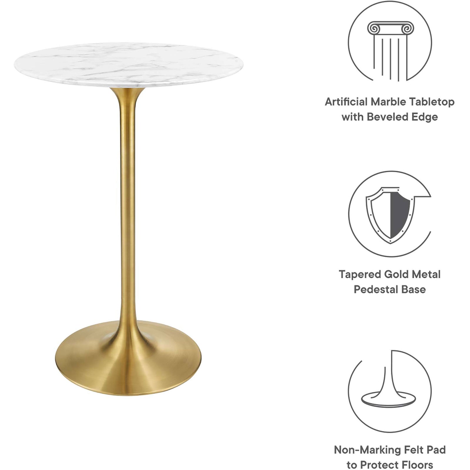 Key features include artificial marble top, tapered gold pedestal base, and floor-protecting felt pad || EEI-3264-GLD-WHI || callout_studio