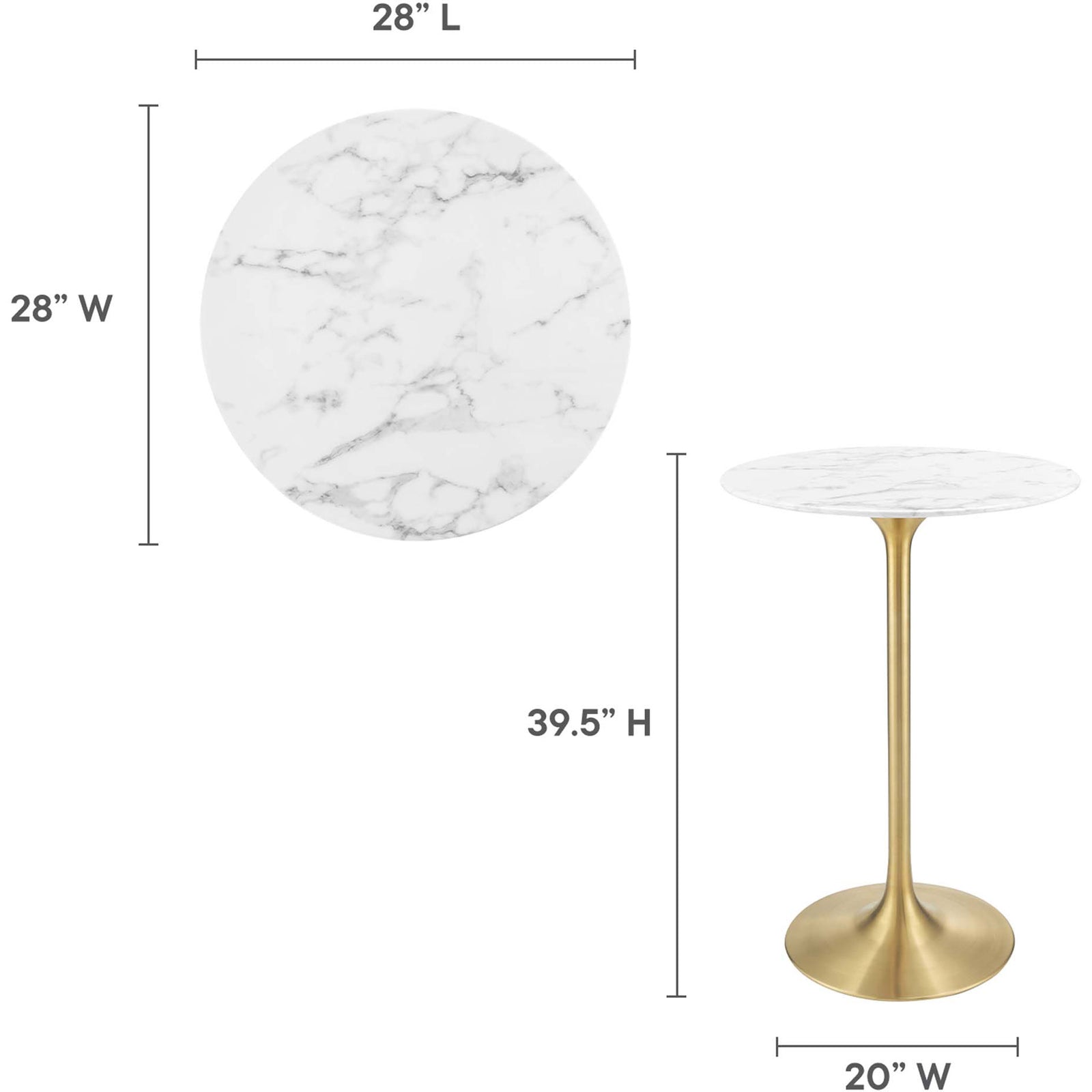 Dimensions of the round bar table with 28 inch top and 39.5 inch height || EEI-3264-GLD-WHI || dimension_studio