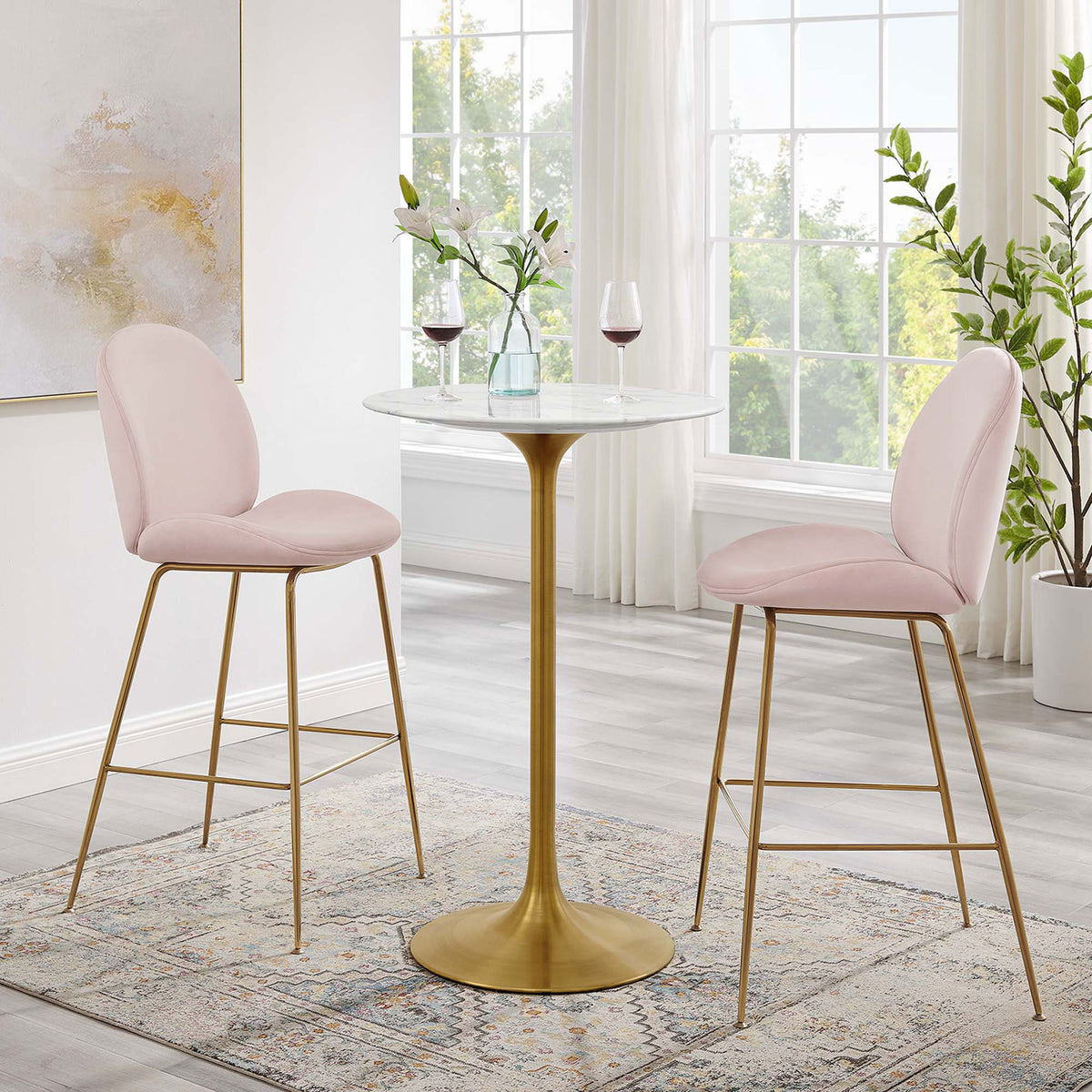 Mid-century pedestal bar table that elevates dining nooks with its gold base and marble-look top || EEI-3264-GLD-WHI || front_angle_room