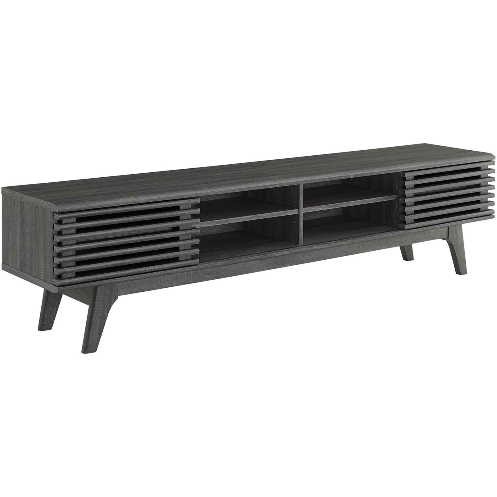 Charcoal mid-century TV stand with smooth wood grain, slatted doors, and flared tapered legs on an open base || EEI-3303-CHA || front_angle_studio