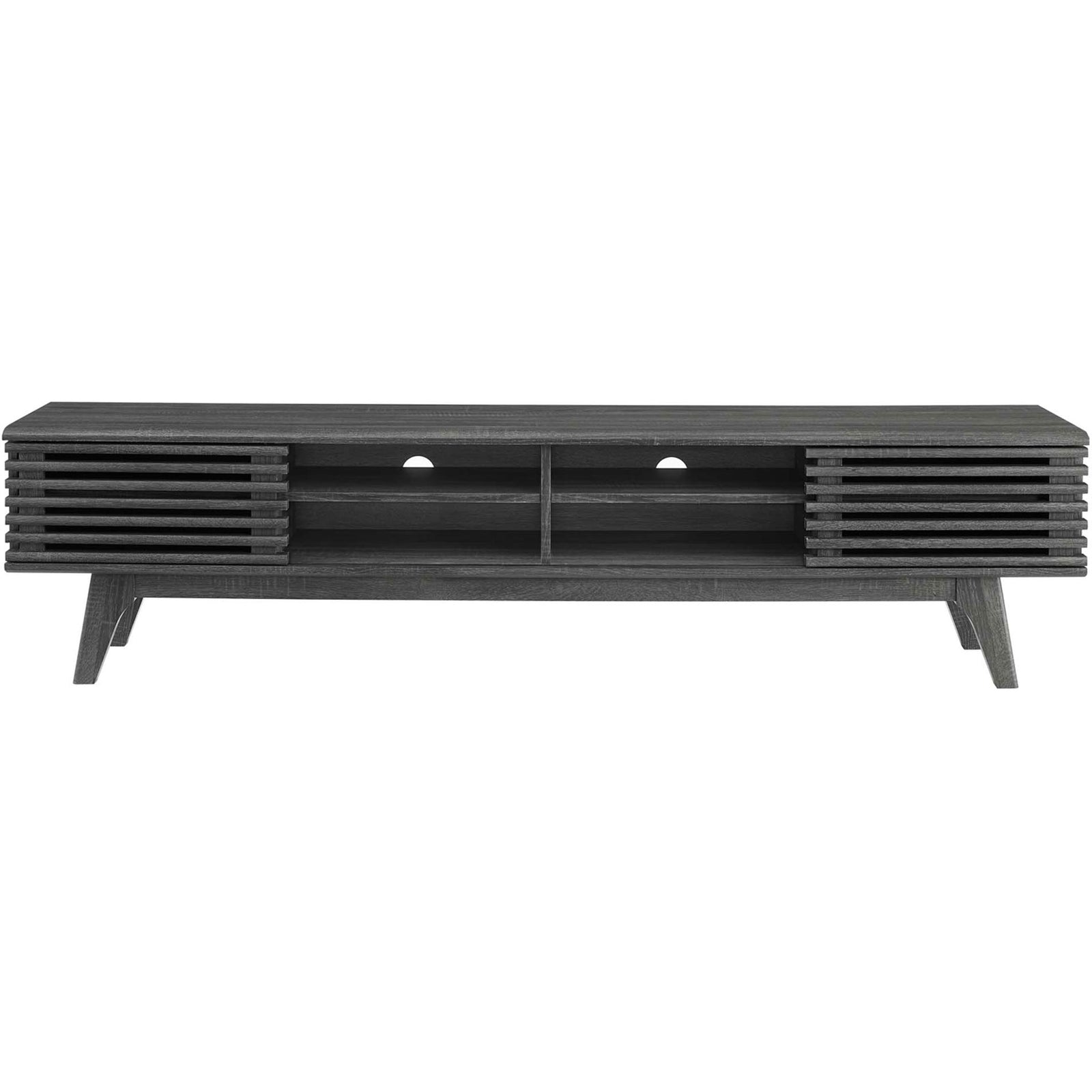 Charcoal media console with slatted doors open to reveal dual center shelves and rear cable management cutouts || EEI-3303-CHA || front_studio