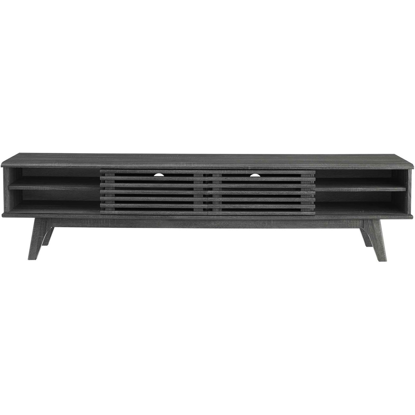 Charcoal TV stand with slatted sliding doors centered to conceal storage while open side cubbies display decor || EEI-3303-CHA || front_studio