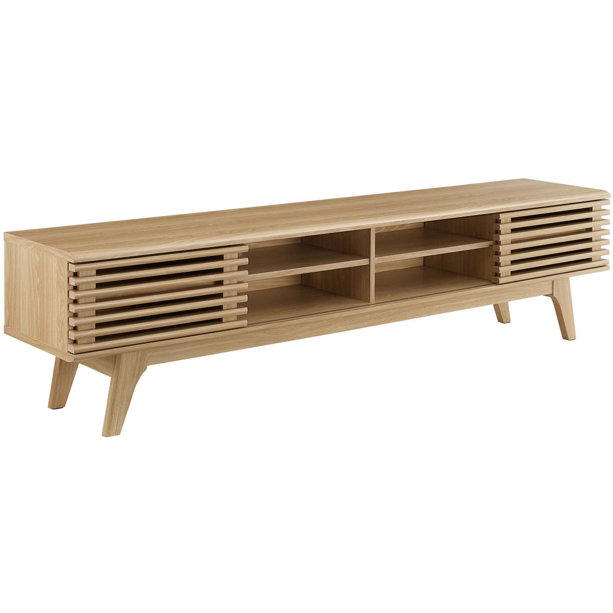 Mid-century oak TV stand featuring smooth wood grain, slatted doors, and flared tapered legs for a light, airy look || EEI-3303-OAK || front_angle_studio