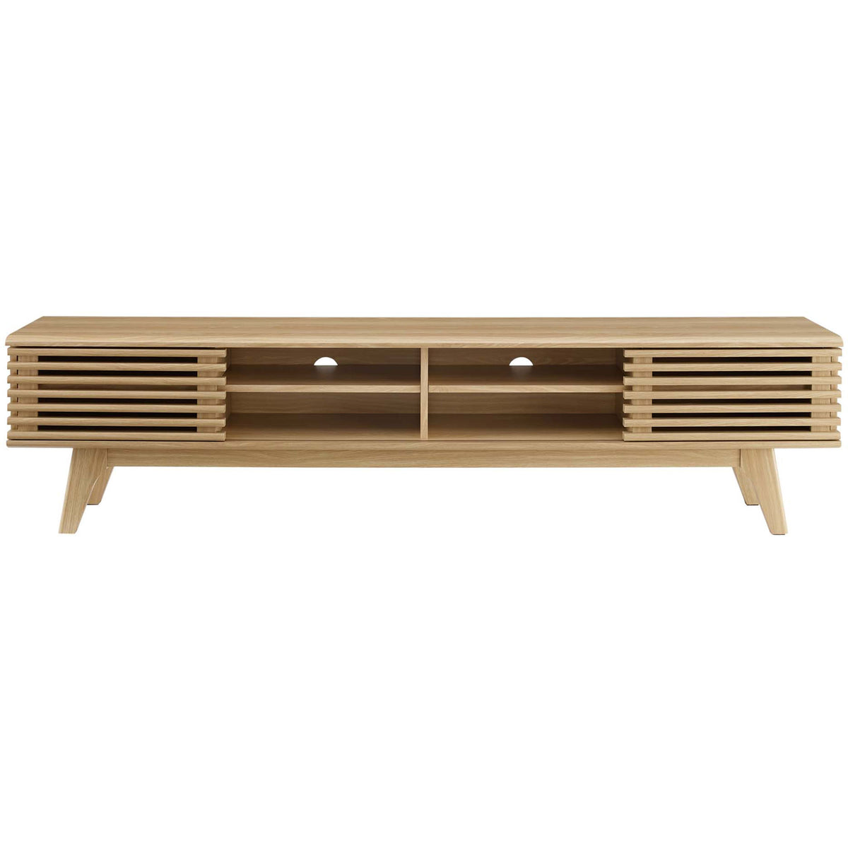 Oak media console with slatted doors framing open center shelves and dual cable management cutouts for electronics || EEI-3303-OAK || front_studio