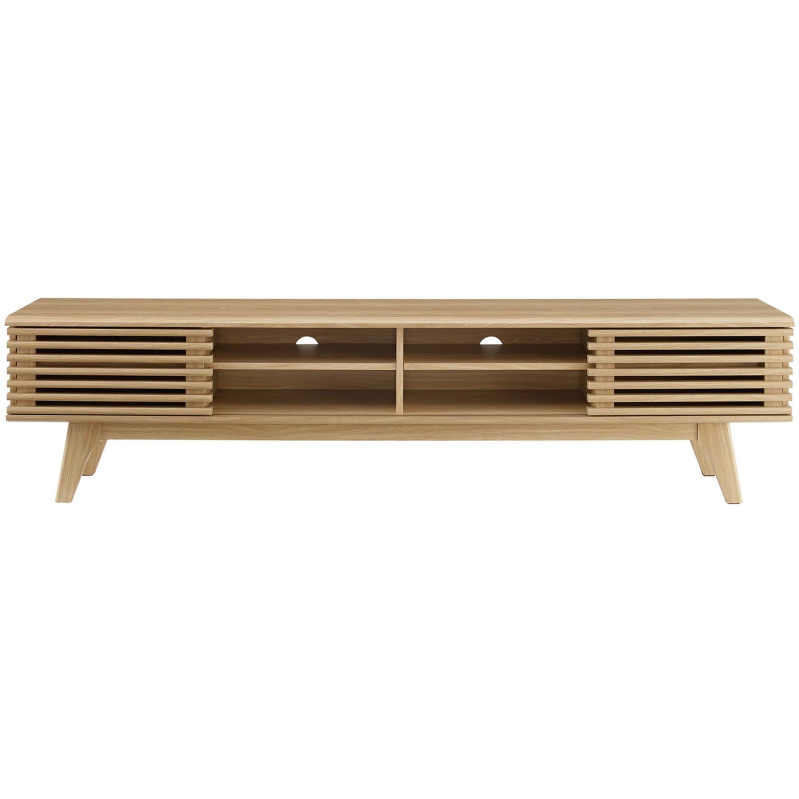 Oak media console with slatted doors framing open center shelves and dual cable management cutouts for electronics || EEI-3303-OAK || front_studio