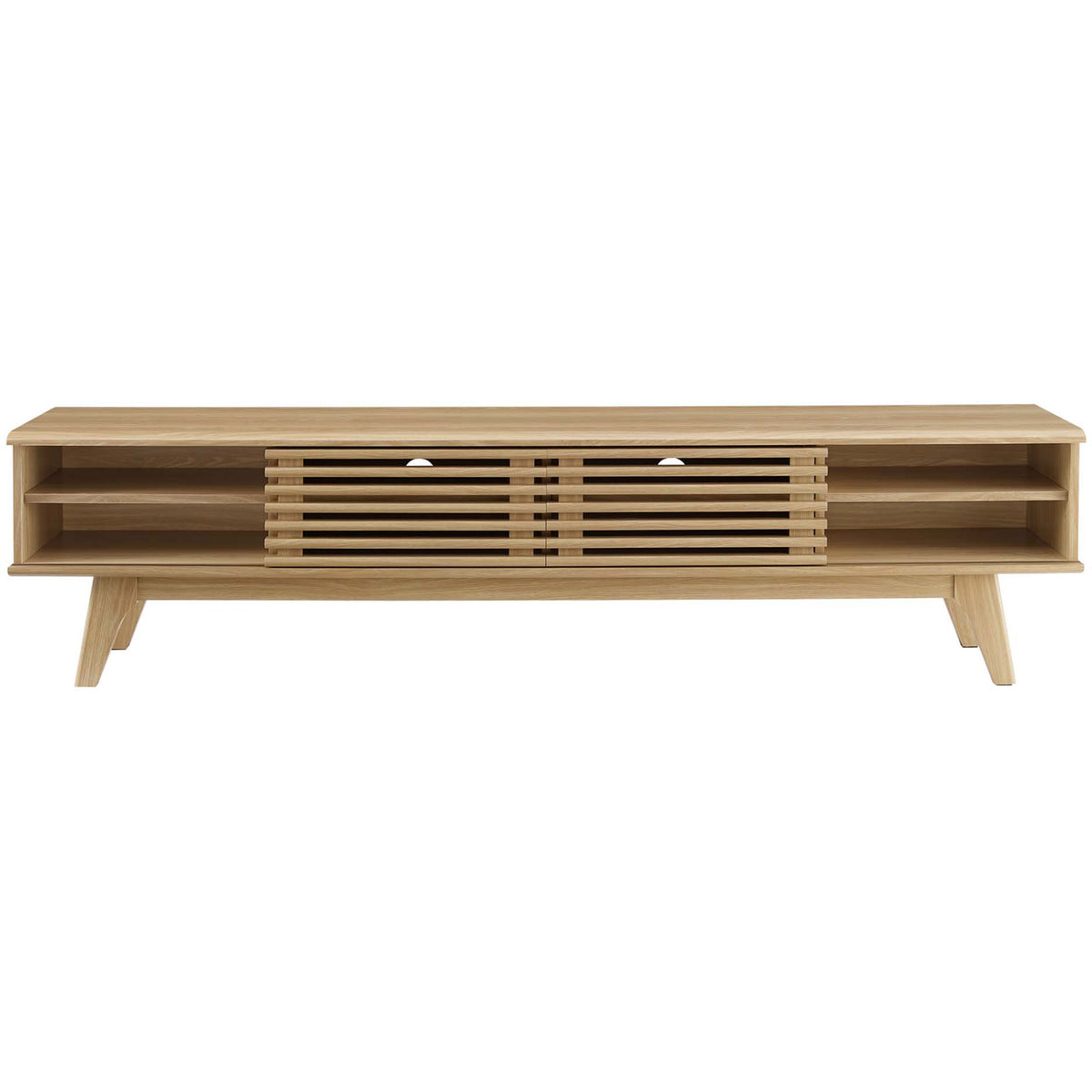 Oak TV stand with slatted sliding doors closed across the middle and open side cubbies for display storage || EEI-3303-OAK || front_studio
