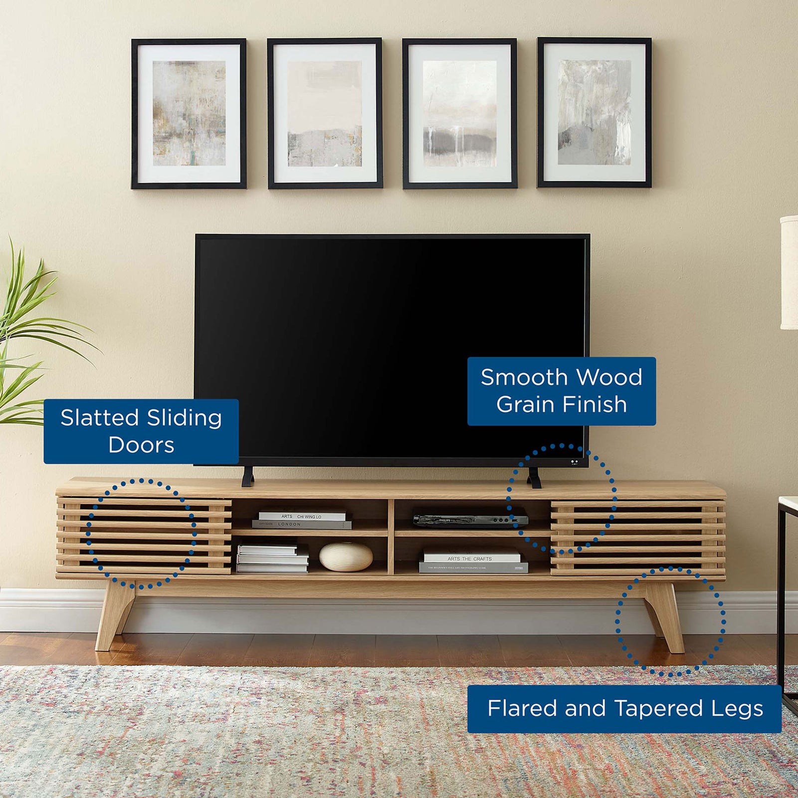 Oak Render TV stand in a living room with callouts noting slatted doors, smooth wood grain, and flared legs || EEI-3303-OAK || callout_room