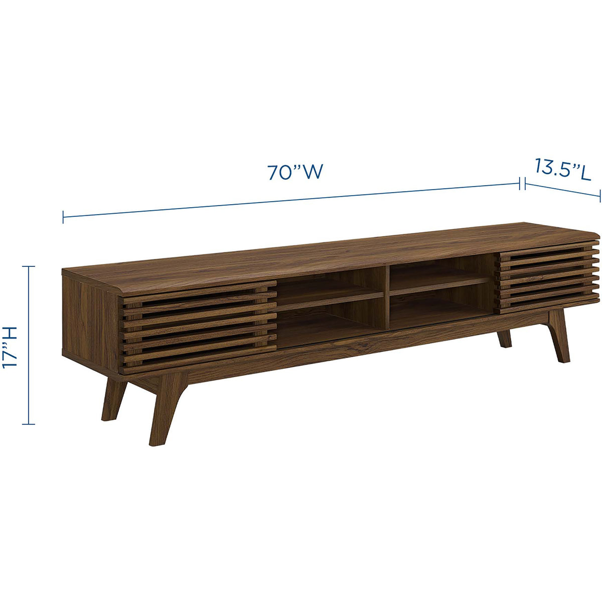 Dimension diagram of the 70 inch walnut TV stand showing width, depth, and height measurements