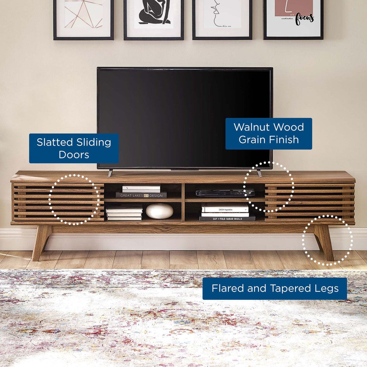Walnut TV stand in a living room with callouts for slatted doors, walnut finish, and flared tapered legs