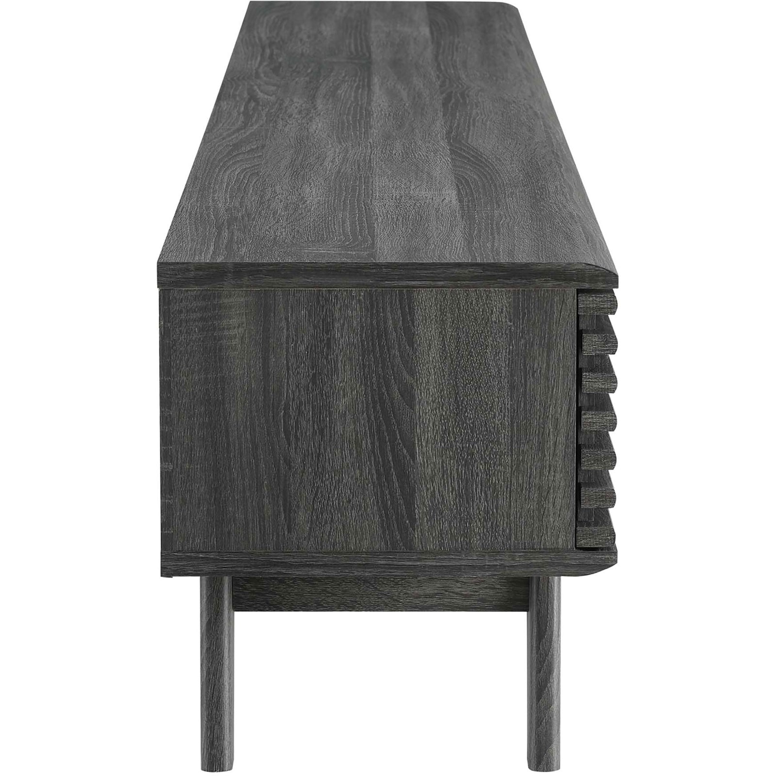 Side profile of charcoal TV stand highlighting slim top and flared, tapered legs || EEI-3305-CHA || side_studio