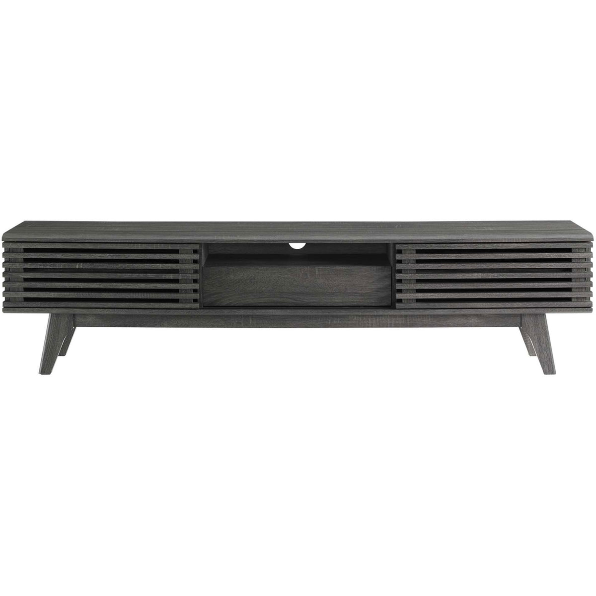 Charcoal 70" TV stand with slatted doors, center drawer, and mid-century tapered legs || EEI-3305-CHA || front_studio