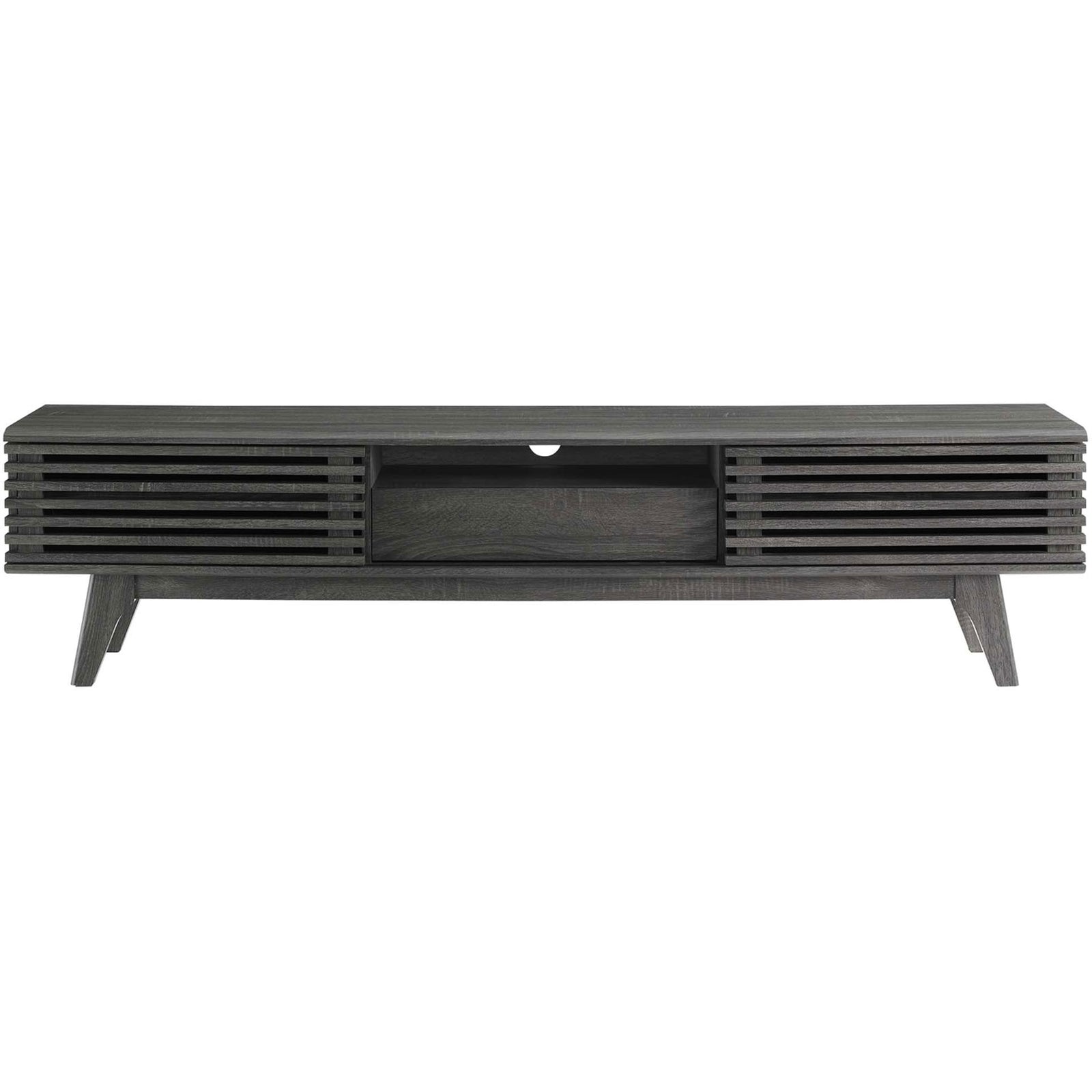 Charcoal 70" TV stand with slatted doors, center drawer, and mid-century tapered legs || EEI-3305-CHA || front_studio