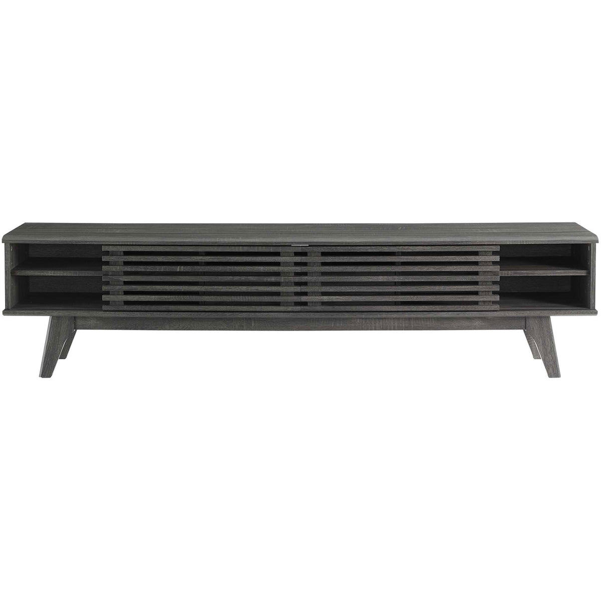 Charcoal media console with slatted doors pulled back to reveal adjustable open storage shelves || EEI-3305-CHA || front_open_studio