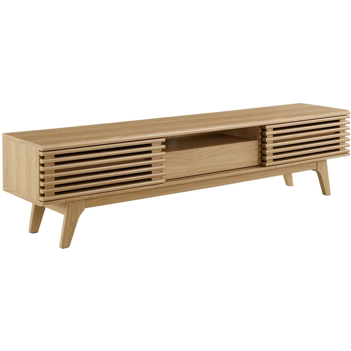 Long oak TV stand showcasing warm wood grain and low-profile mid-century silhouette || EEI-3305-OAK || front_angle_studio