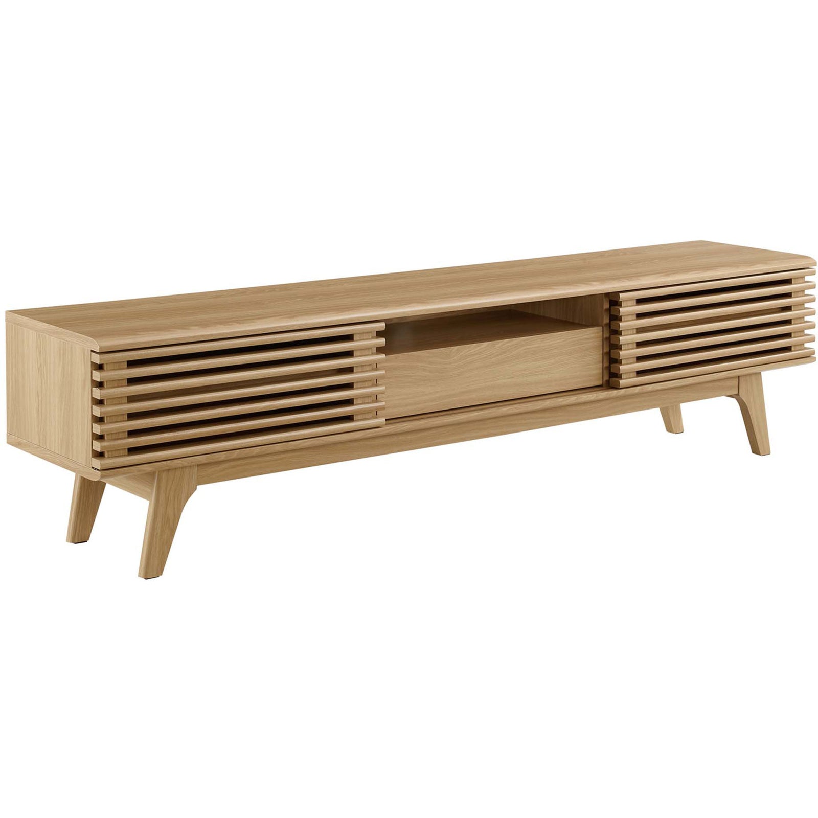 Long oak TV stand showcasing warm wood grain and low-profile mid-century silhouette || EEI-3305-OAK || front_angle_studio