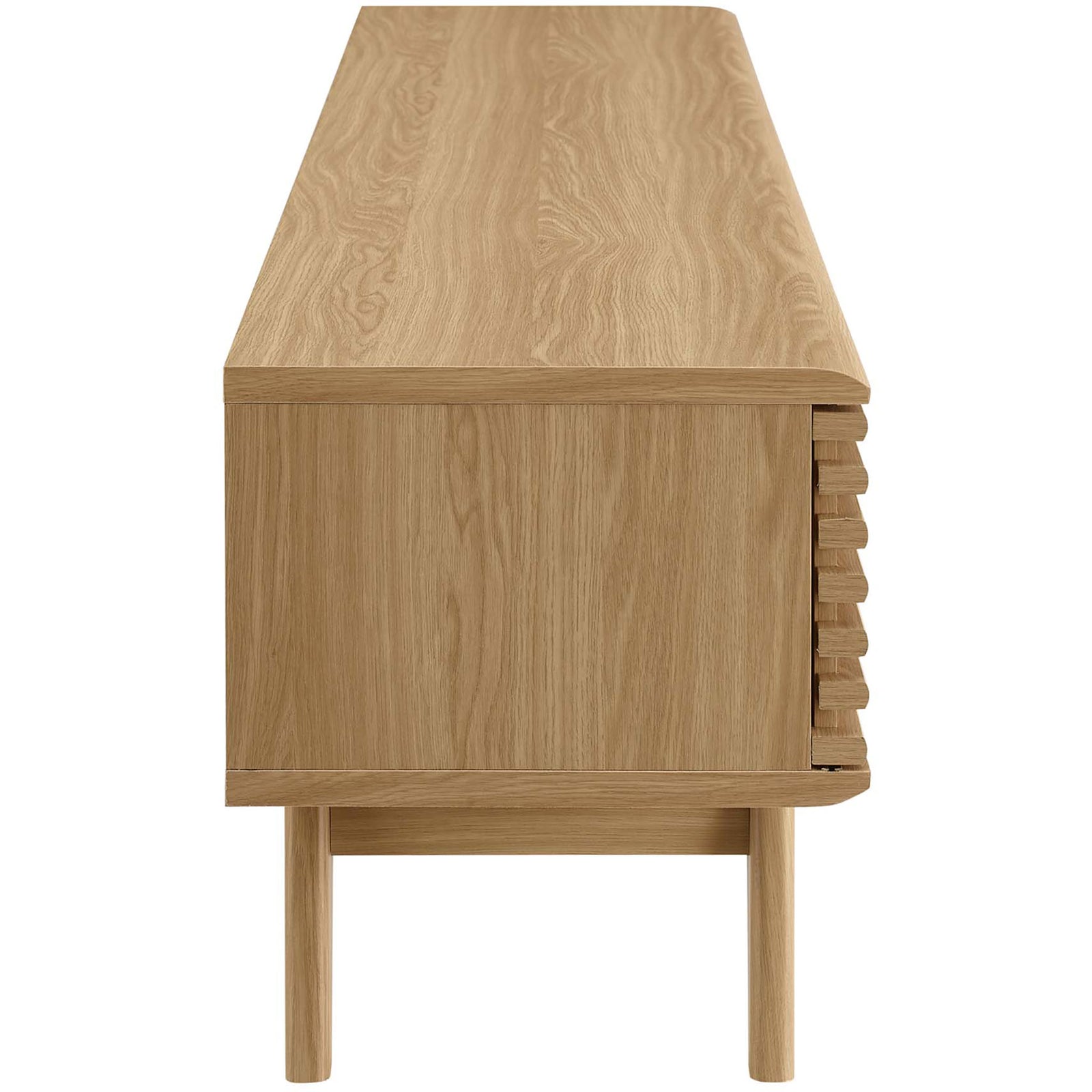 Side view of oak TV stand highlighting smooth top and flared tapered leg design || EEI-3305-OAK || side_studio