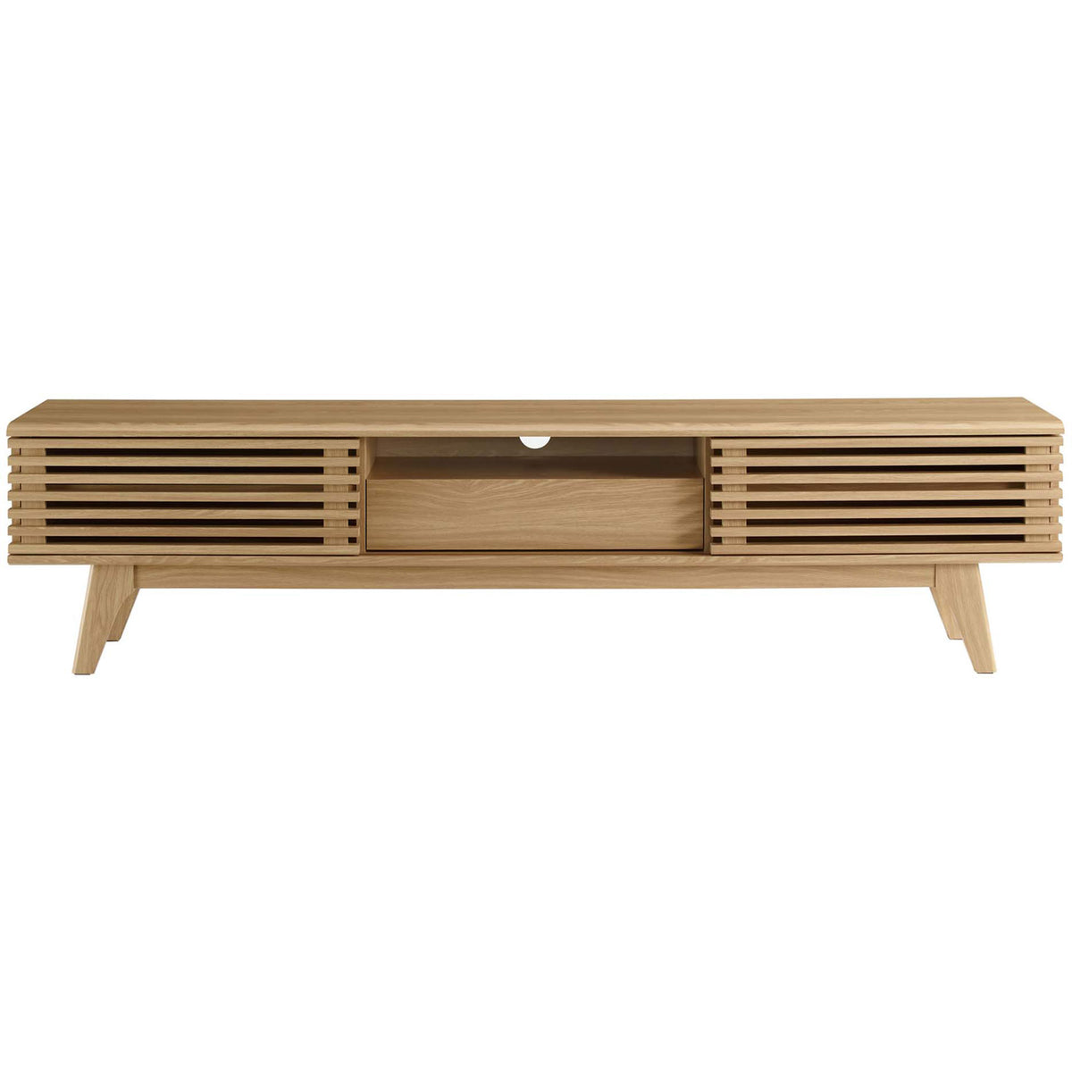 Oak 70" TV stand with slatted sliding doors, center drawer, and tapered mid-century legs || EEI-3305-OAK || front_studio
