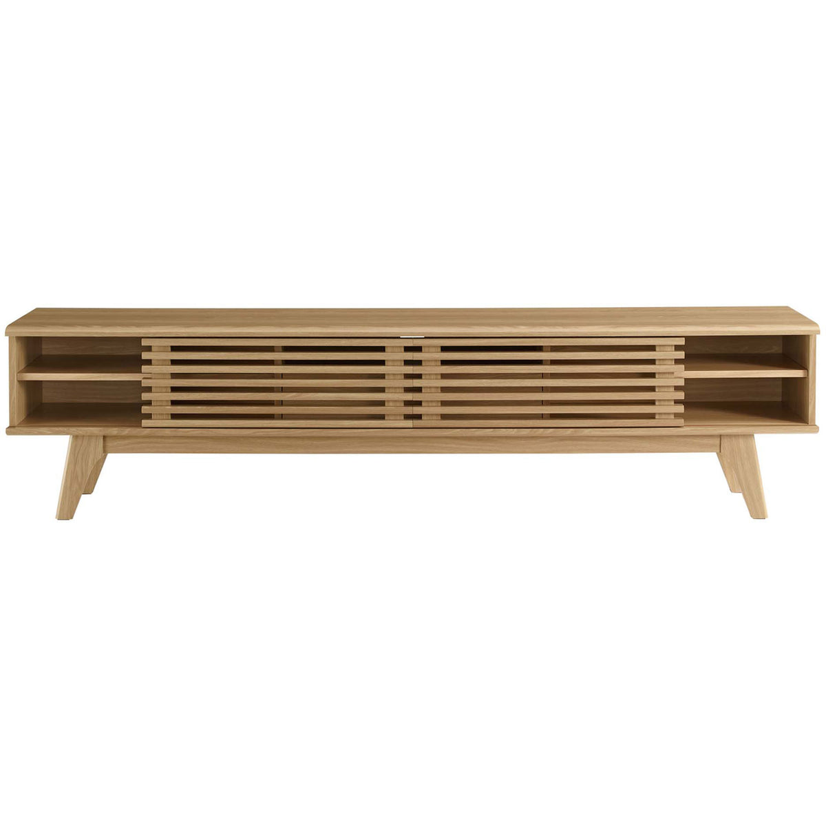 Oak media console with slatted doors moved aside to reveal roomy adjustable storage shelves || EEI-3305-OAK || front_open_studio