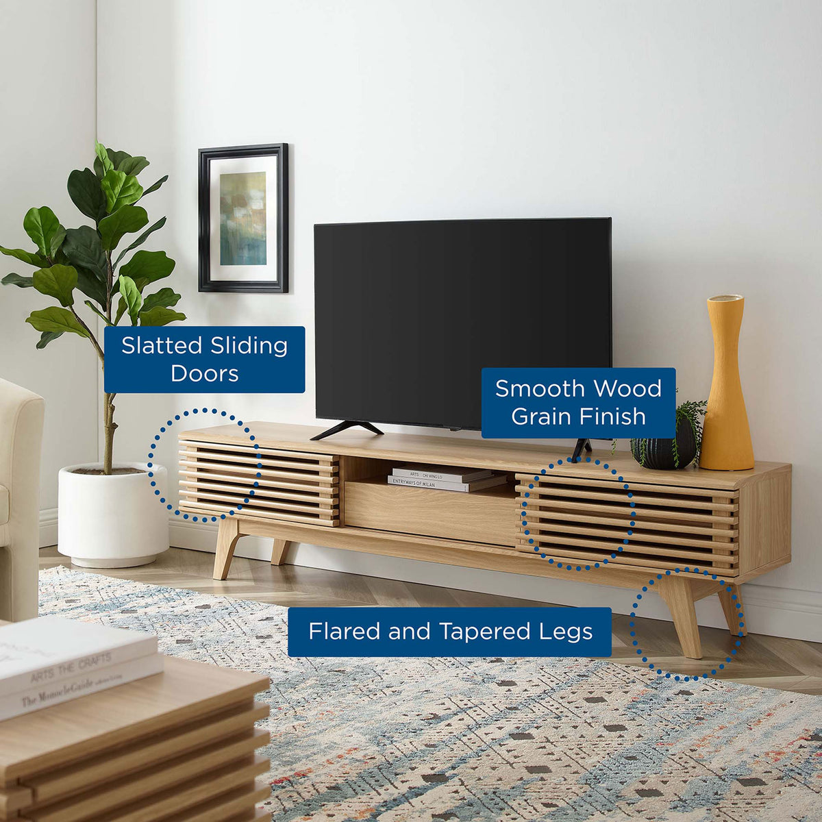 Feature callouts showing slatted doors, smooth wood grain, and tapered legs on oak TV stand || EEI-3305-OAK || callout_room