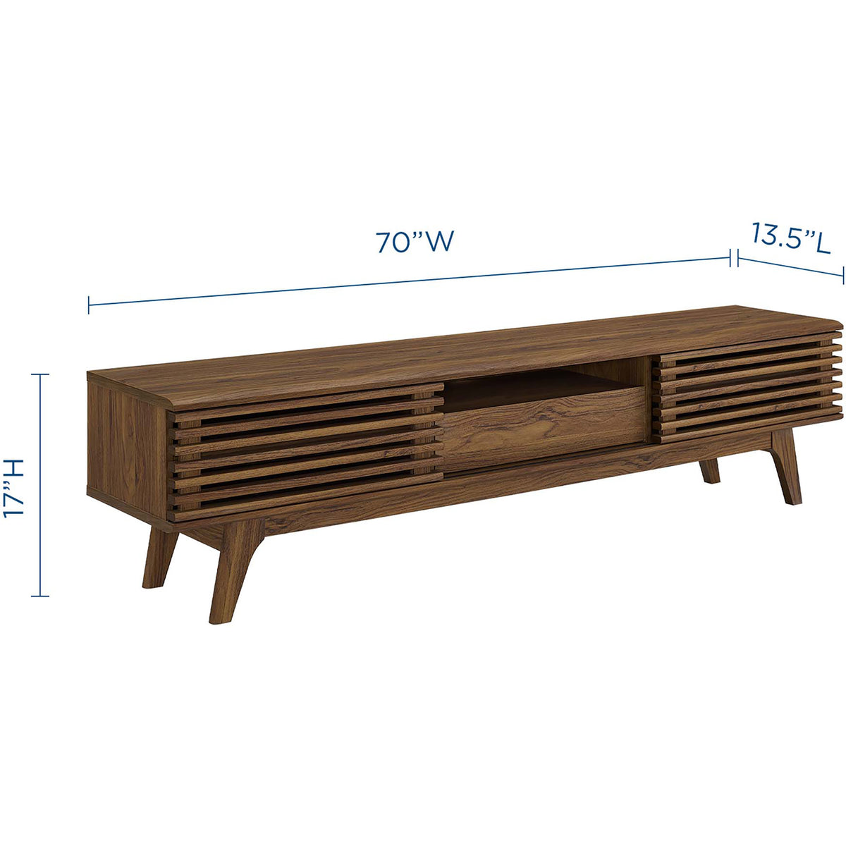 Dimension diagram of walnut 70" TV stand with width, height, and depth measurements