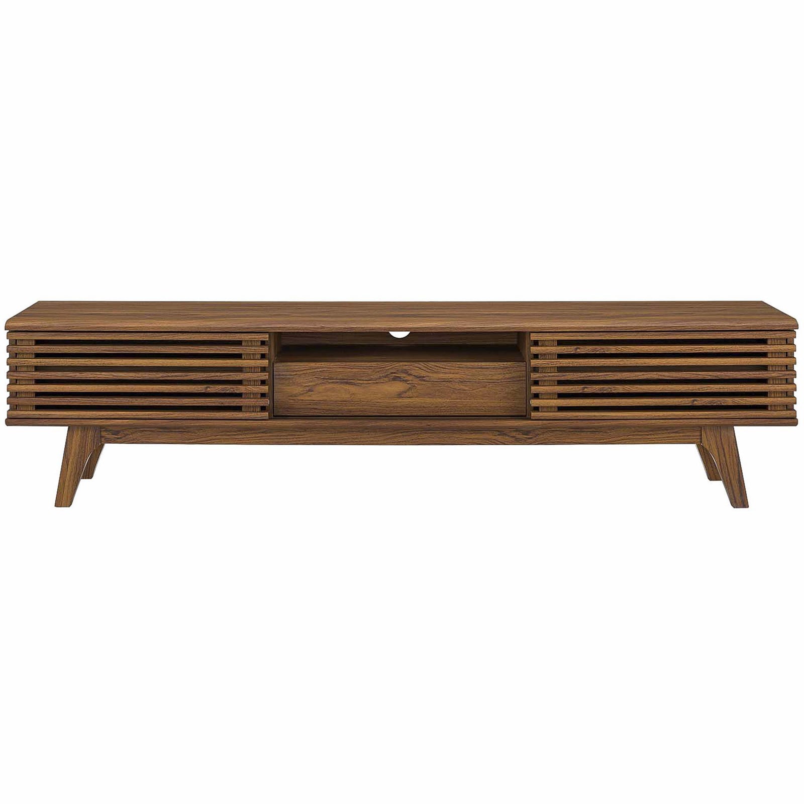 Walnut 59" TV stand with slatted sliding doors, center drawer, and tapered mid-century legs || EEI-2541-WAL || front_studio