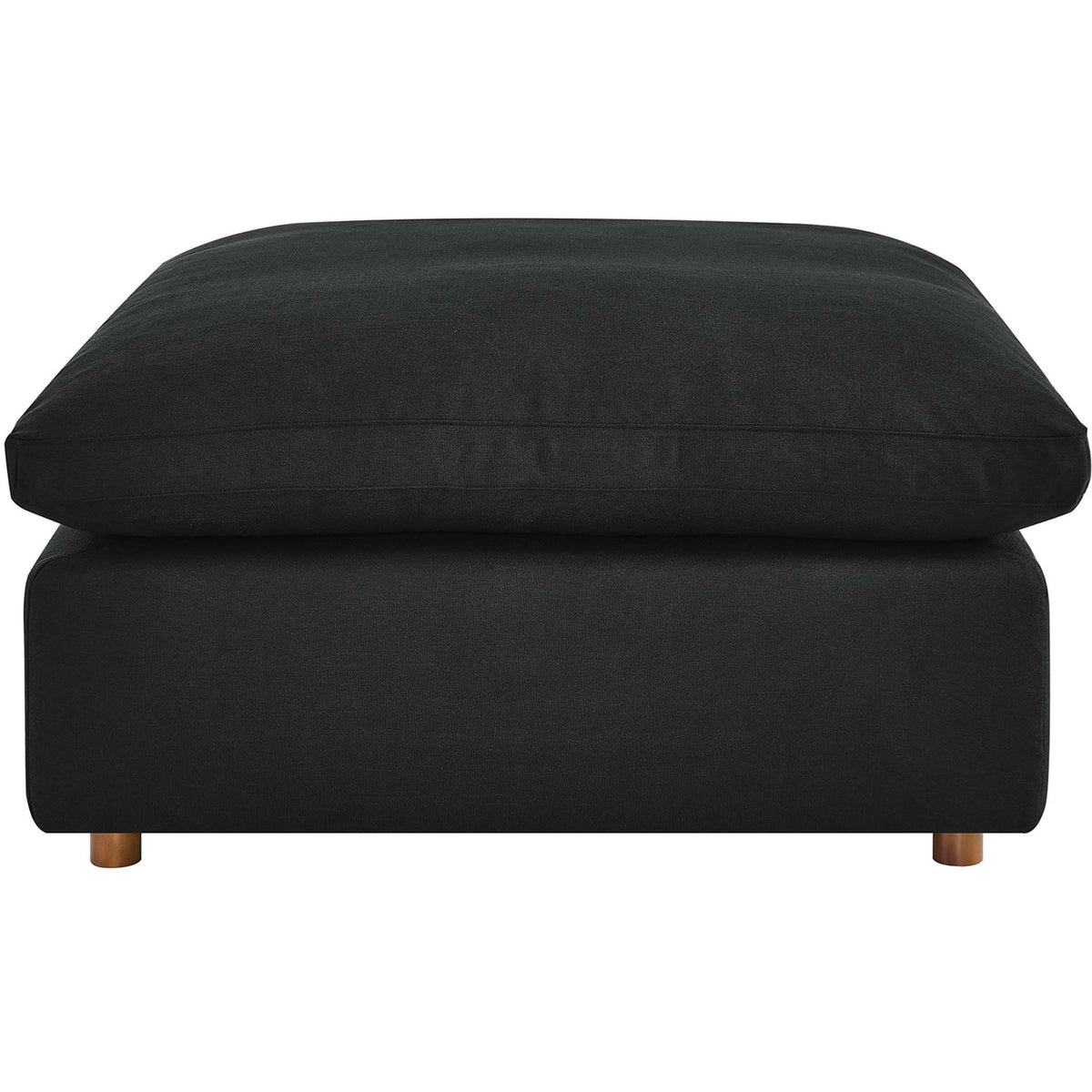 Black overstuffed ottoman with generous down-filled cushion and sleek, low-profile base. || EEI-3318-BLK || front_studio