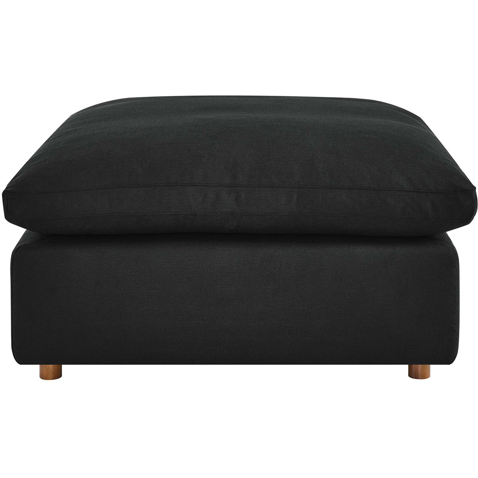 Black overstuffed ottoman with generous down-filled cushion and sleek, low-profile base. || EEI-3318-BLK || front_studio