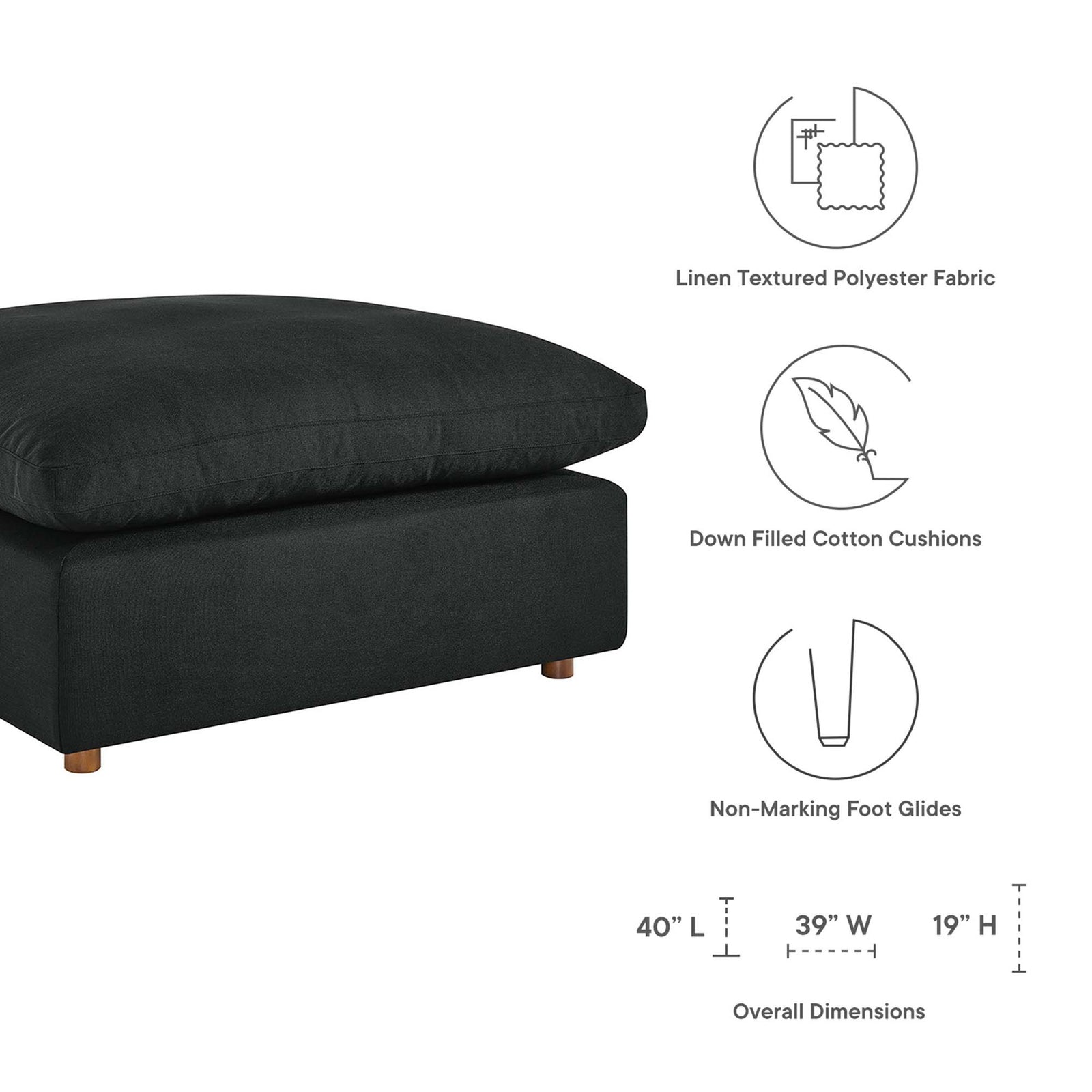 Feature callouts showing linen-textured fabric, down-filled cushions, non-marking feet, and ottoman dimensions. || EEI-3318-BLK || dimension_studio