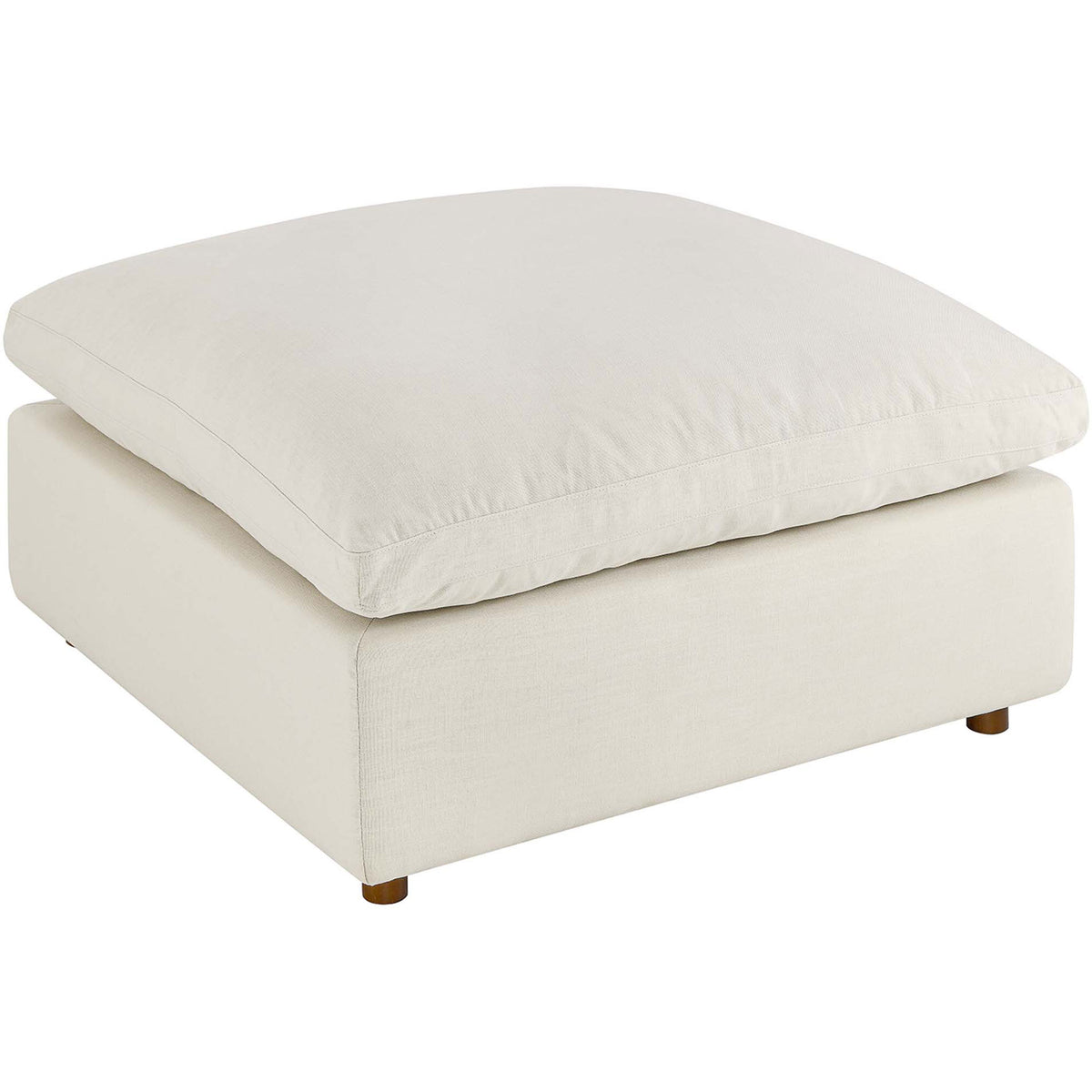 Spacious light beige ottoman with an overstuffed down cushion and low wood feet for relaxed modern lounging. || EEI-3318-LBG || front_angle_studio
