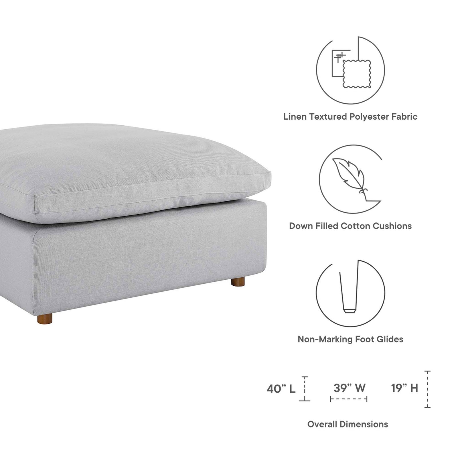 Features linen-textured fabric, down-filled cushions, non-marking glides, and generous 40 by 39 inch size. || EEI-3318-LGR || dimension_studio