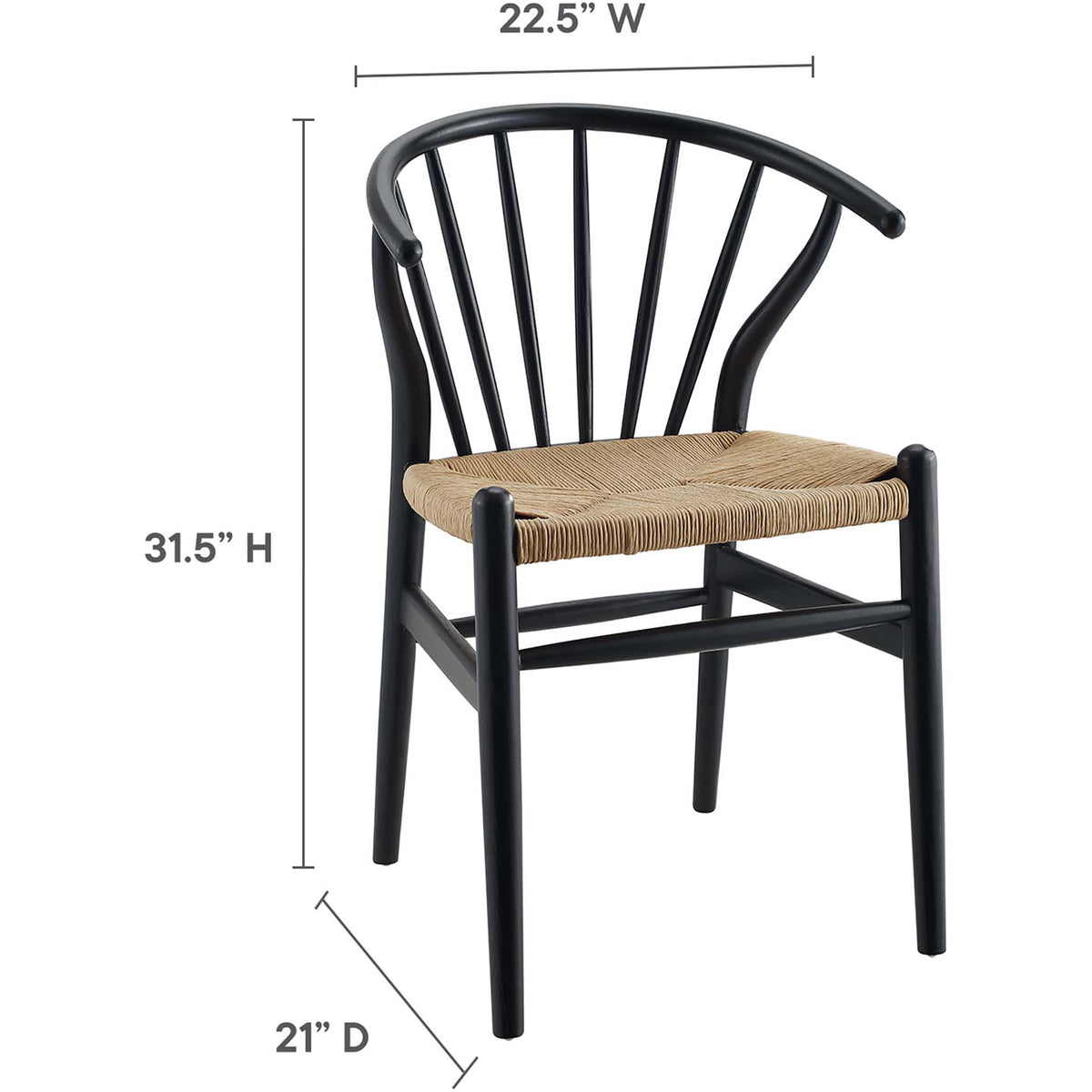 This spindle-back chair measures 22.5 inches wide, 21 inches deep and 31.5 inches high