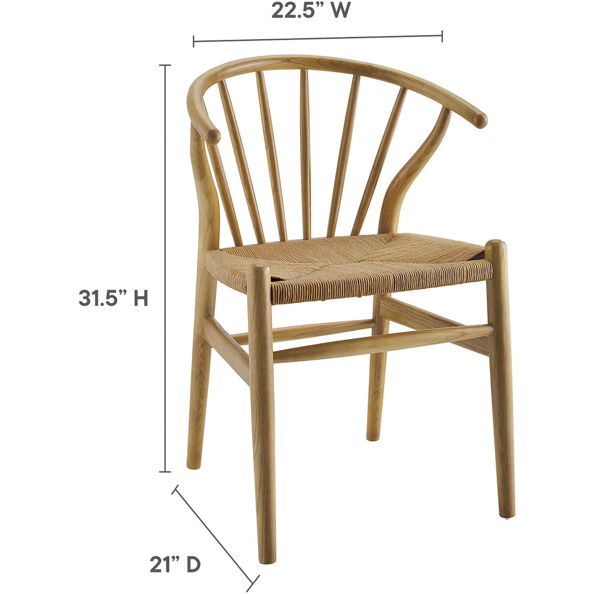 This natural wood dining chair measures 22.5 inches wide, 21 inches deep and 31.5 inches high