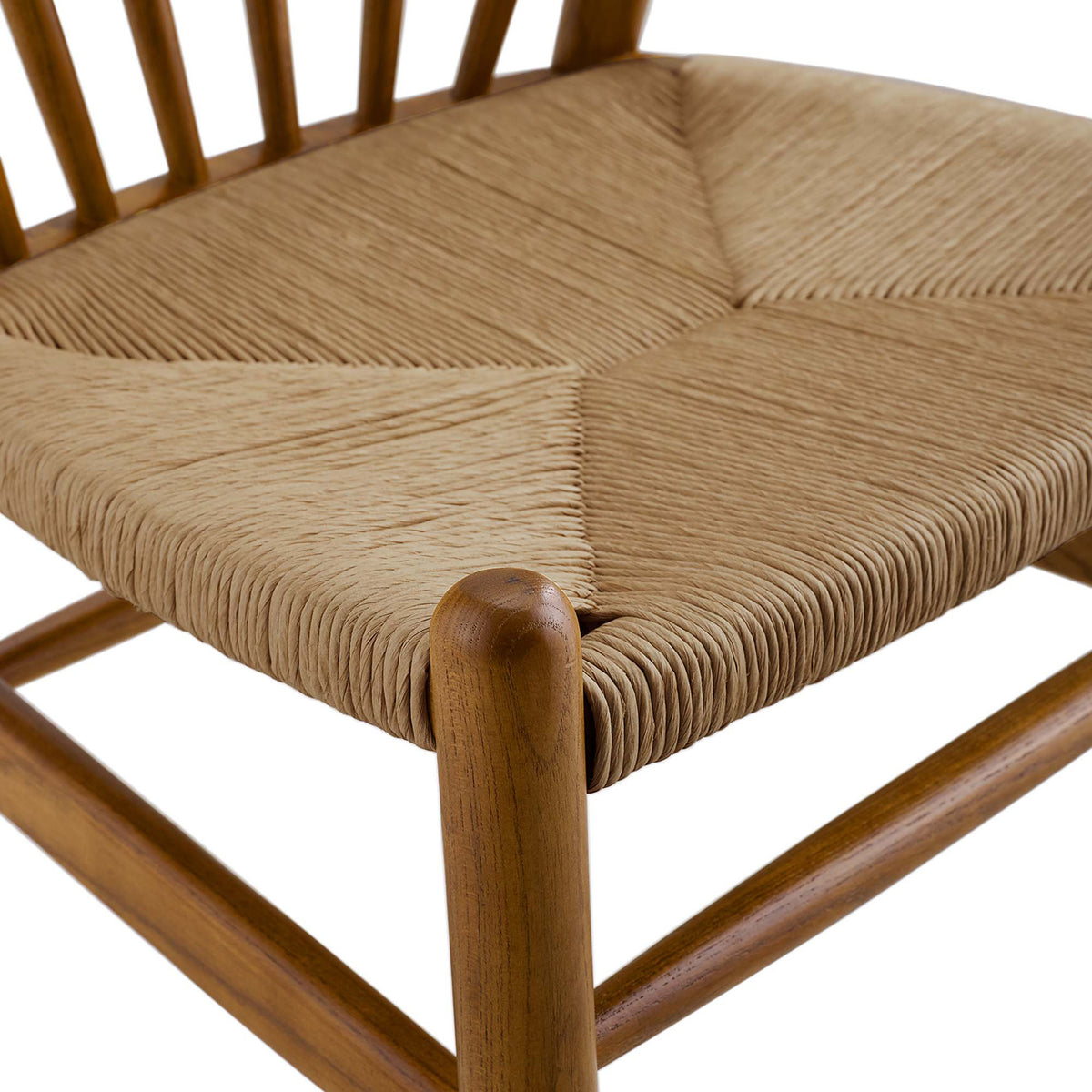 Tightly woven paper rope adds rich texture against the smooth walnut-finished wood frame
