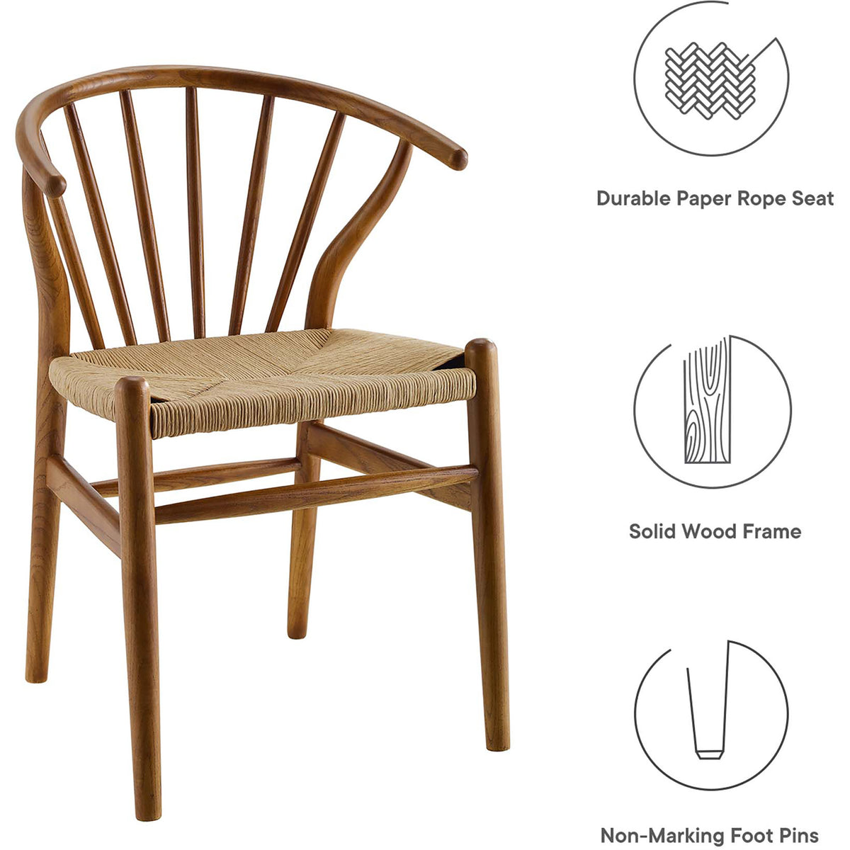 Durable paper rope seating, a solid wood frame and nonmarking feet offer lasting everyday style
