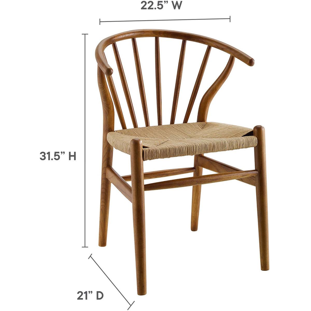 This walnut-finished dining chair measures 22.5 inches wide, 21 inches deep and 31.5 inches high