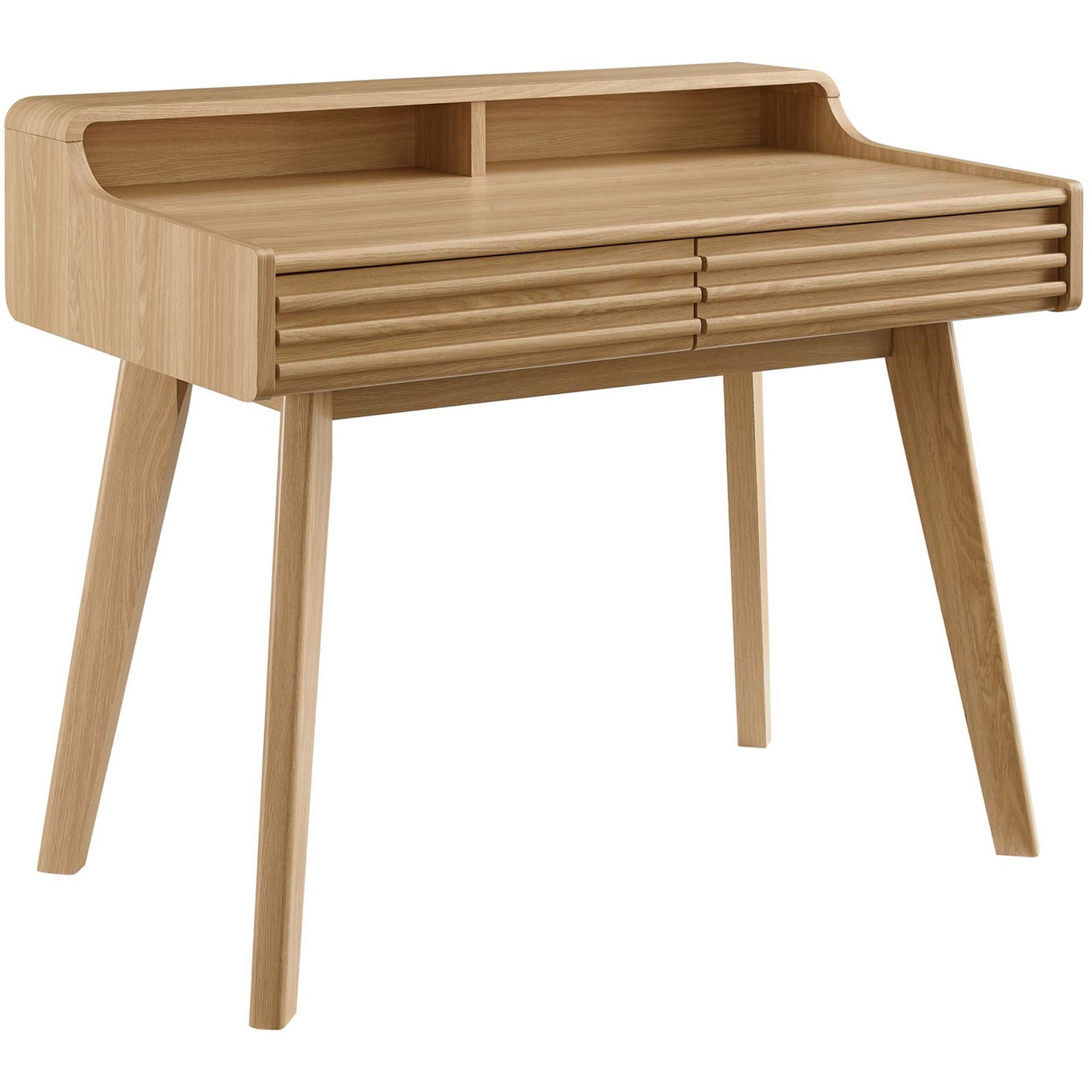 Mid-century oak writing desk with slatted drawers, open cubbies, and tapered legs || EEI-3342-OAK || front_angle_studio