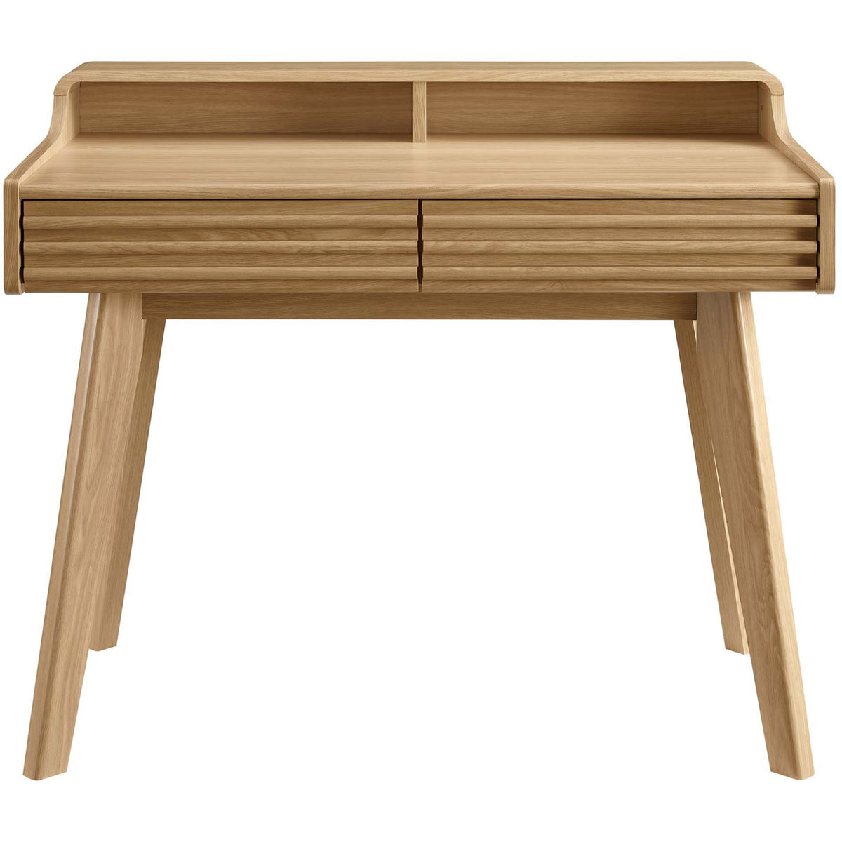 Two spacious drawers and twin cubbies offer organized storage in a mid-century oak design || EEI-3342-OAK || front_studio