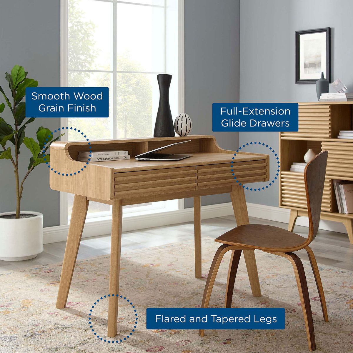 Smooth wood grain finish, full-extension drawers, and flared tapered legs highlighted || EEI-3342-OAK || callout_room