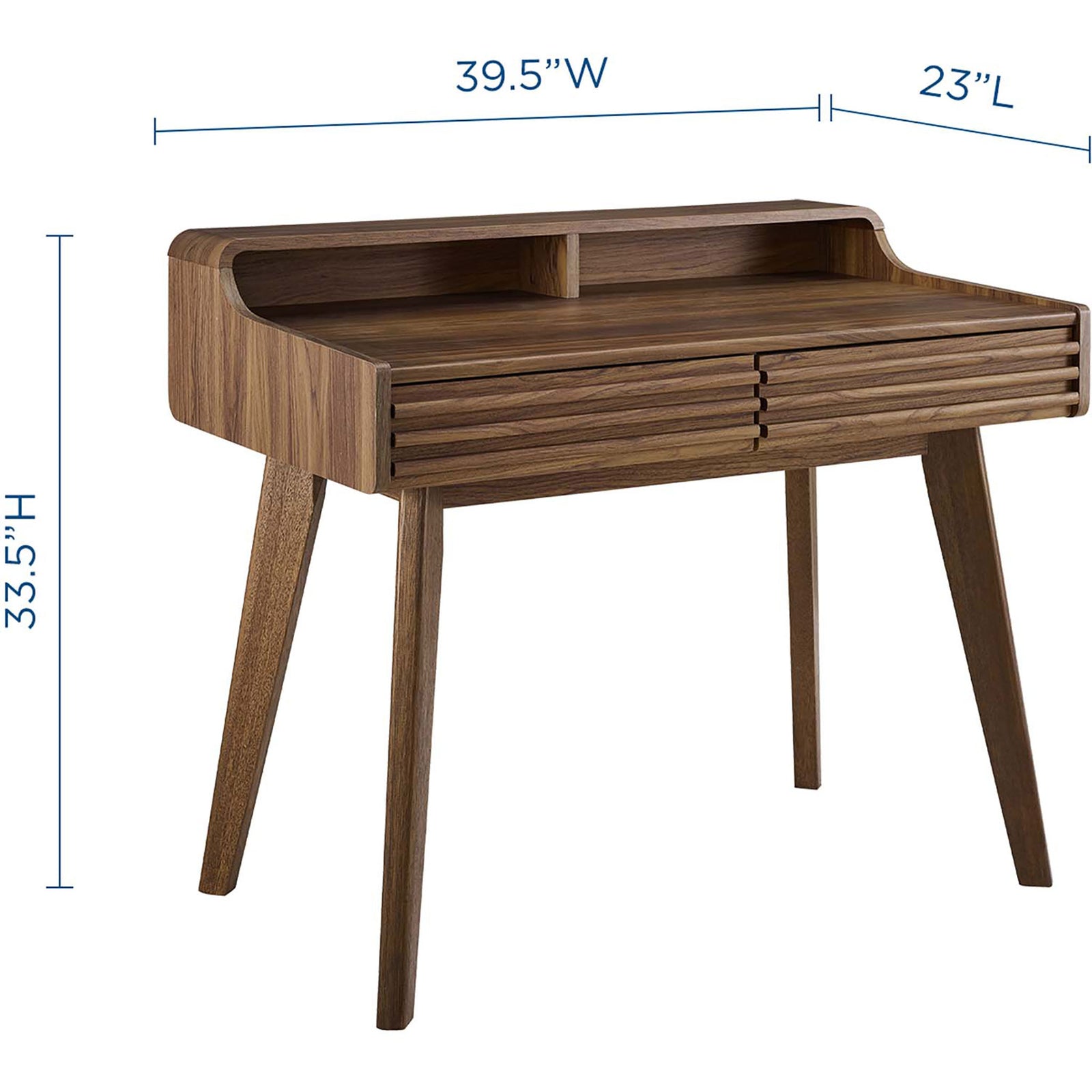 Space-savvy desk sized for small offices, balancing a compact footprint with ample storage. || EEI-3342-WAL || dimension_studio