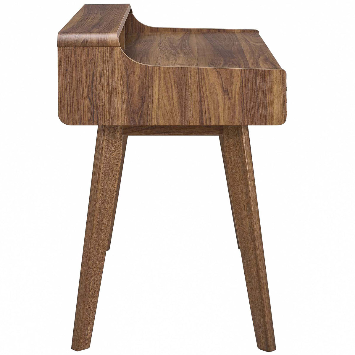 Curved edges and splayed legs lend a refined mid-century profile in warm walnut grain. || EEI-3342-WAL || side_studio
