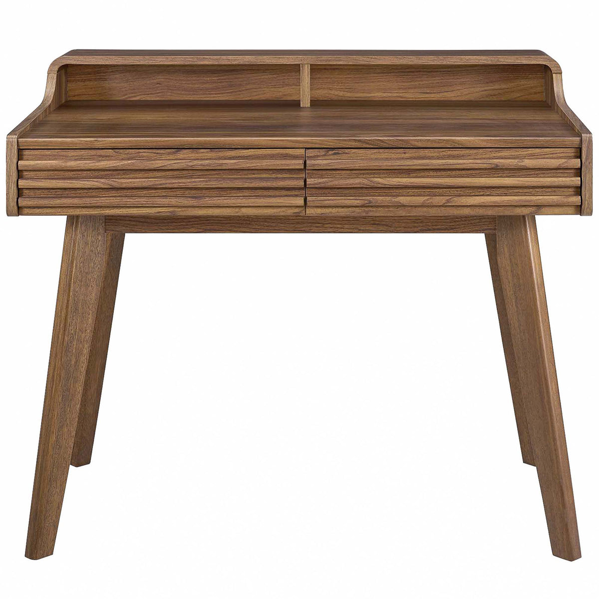 Mid-century walnut writing desk with ribbed drawers, raised shelf, and tapered legs. || EEI-3342-WAL || front_studio