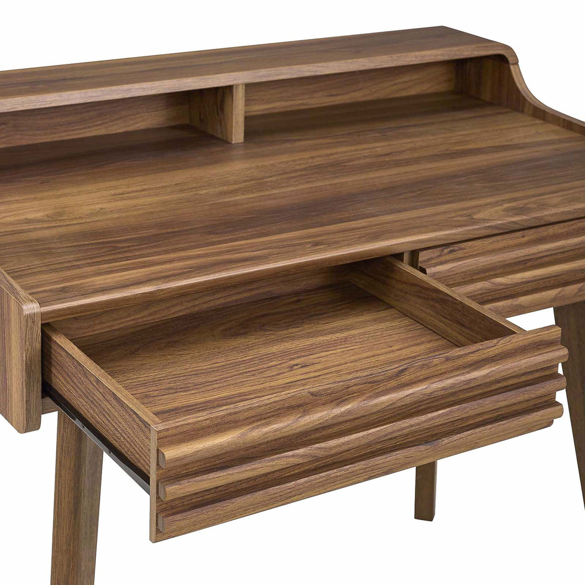 Roomy full-extension drawer glides smoothly for easy access to stationery and tech essentials. || EEI-3342-WAL || storage_open_studio