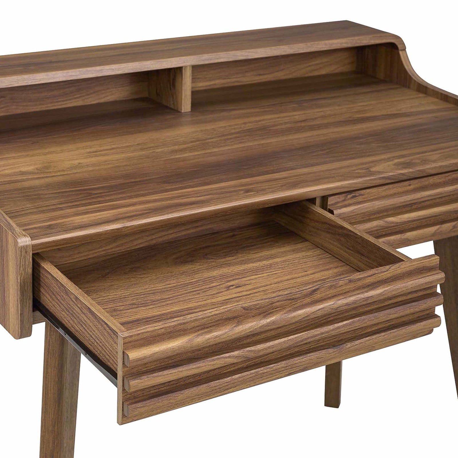 Roomy full-extension drawer glides smoothly for easy access to stationery and tech essentials. || EEI-3342-WAL || storage_open_studio