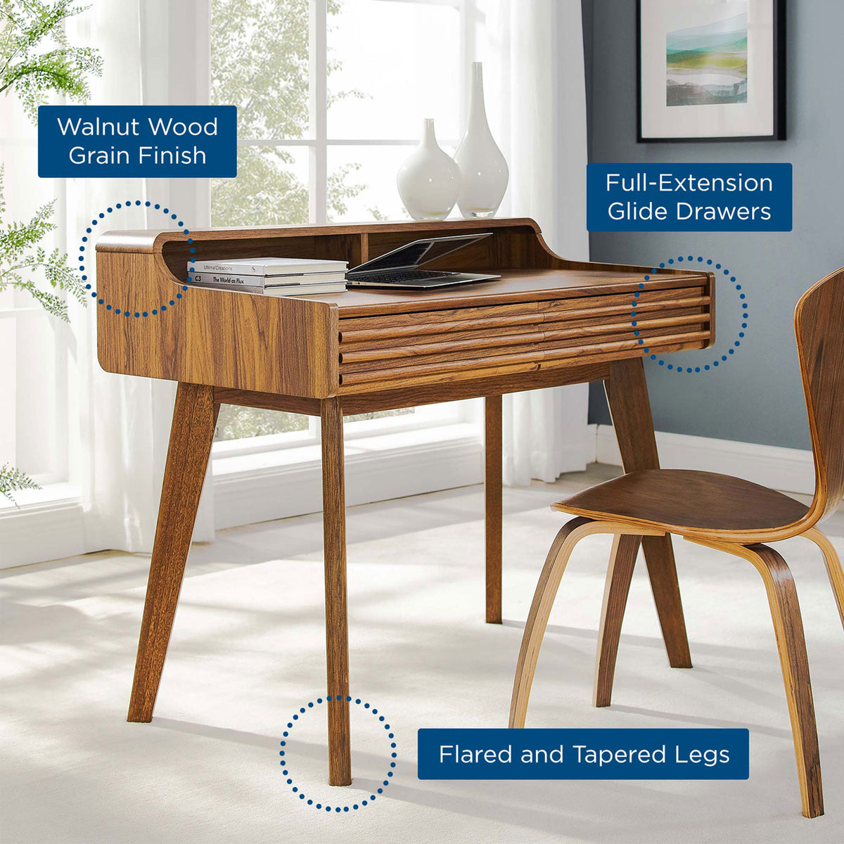 Key features include a walnut grain finish, full-extension drawers, and flared tapered legs. || EEI-3342-WAL || callout_room