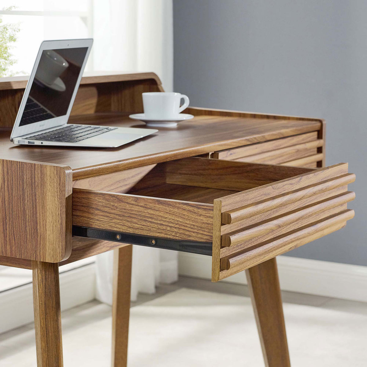 Smooth metal glides let the drawer open wide to keep supplies organized within reach. || EEI-3342-WAL || storage_open_room
