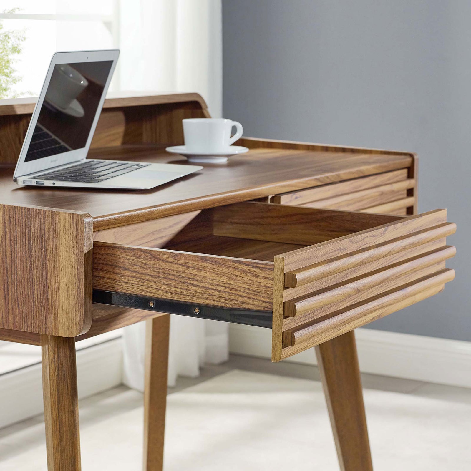 Smooth metal glides let the drawer open wide to keep supplies organized within reach. || EEI-3342-WAL || storage_open_room