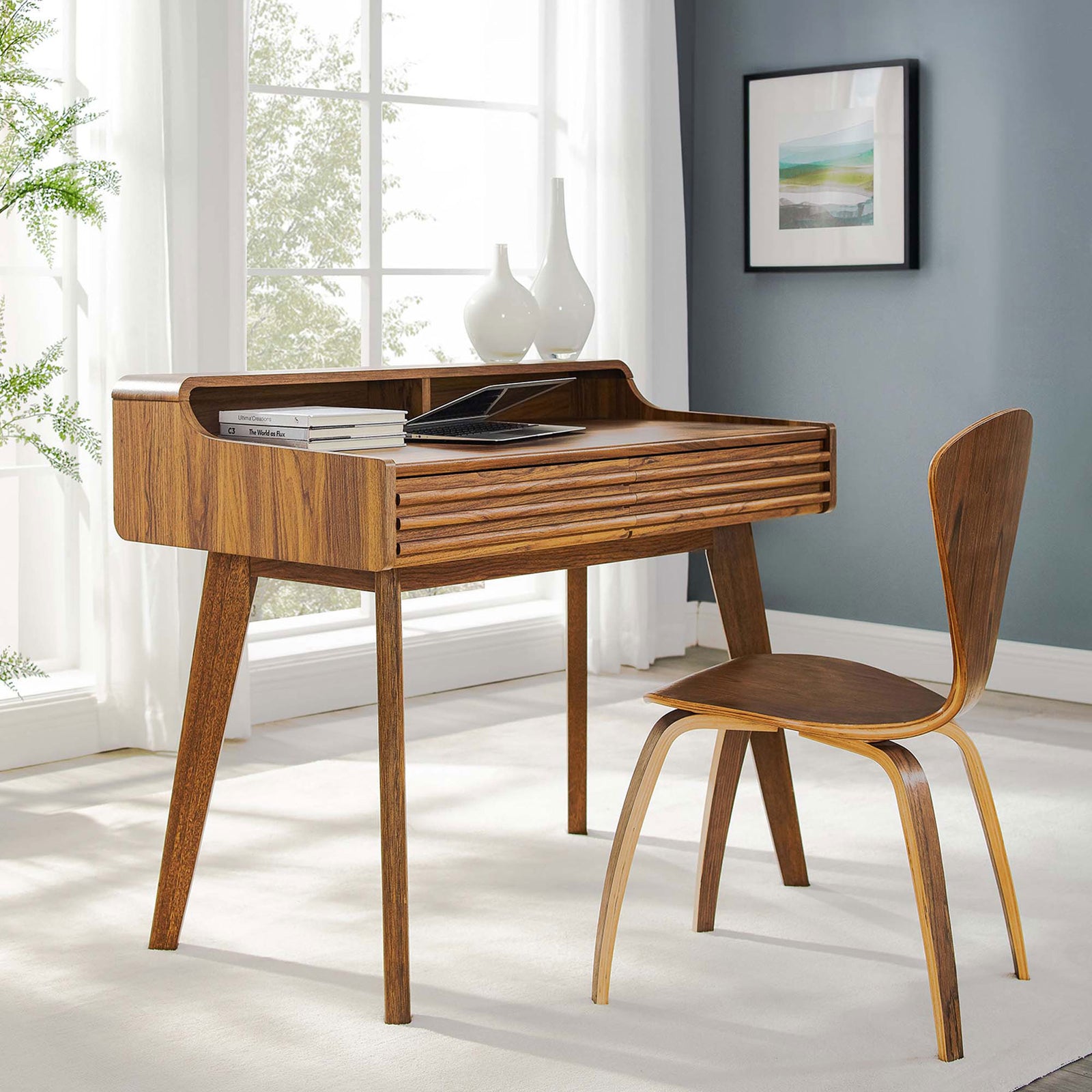 Create a polished workspace with warm walnut tones and clean mid-century lines. || EEI-3342-WAL || front_angle_room