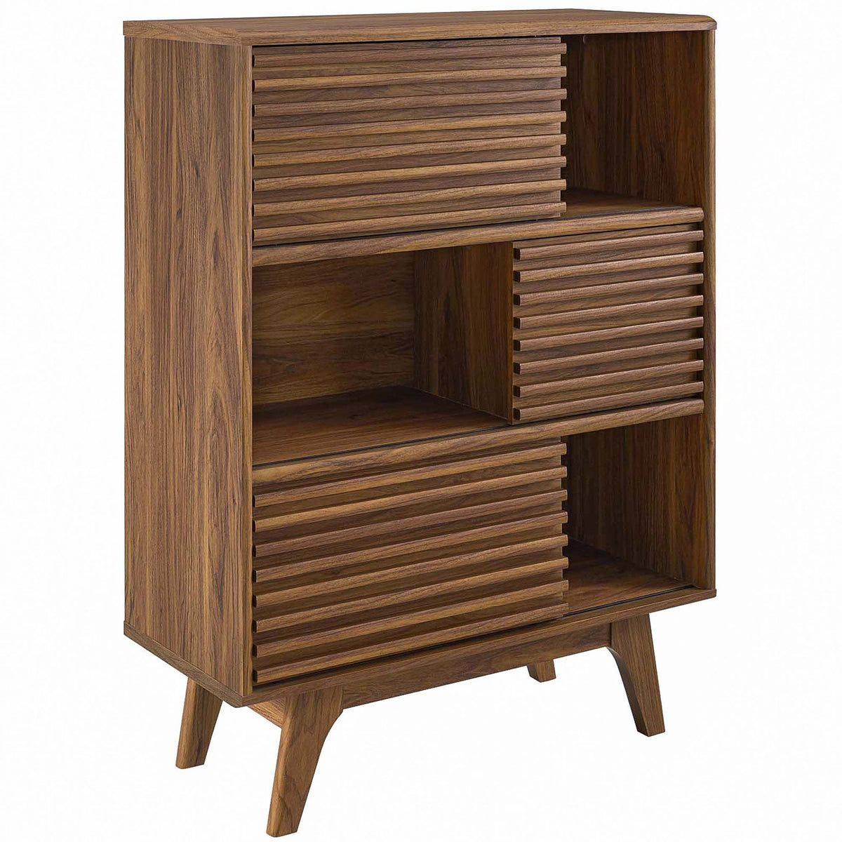 Render walnut display cabinet with staggered sliding doors and tapered legs for a mid-century look || EEI-3343-WAL || front_angle_open_studio