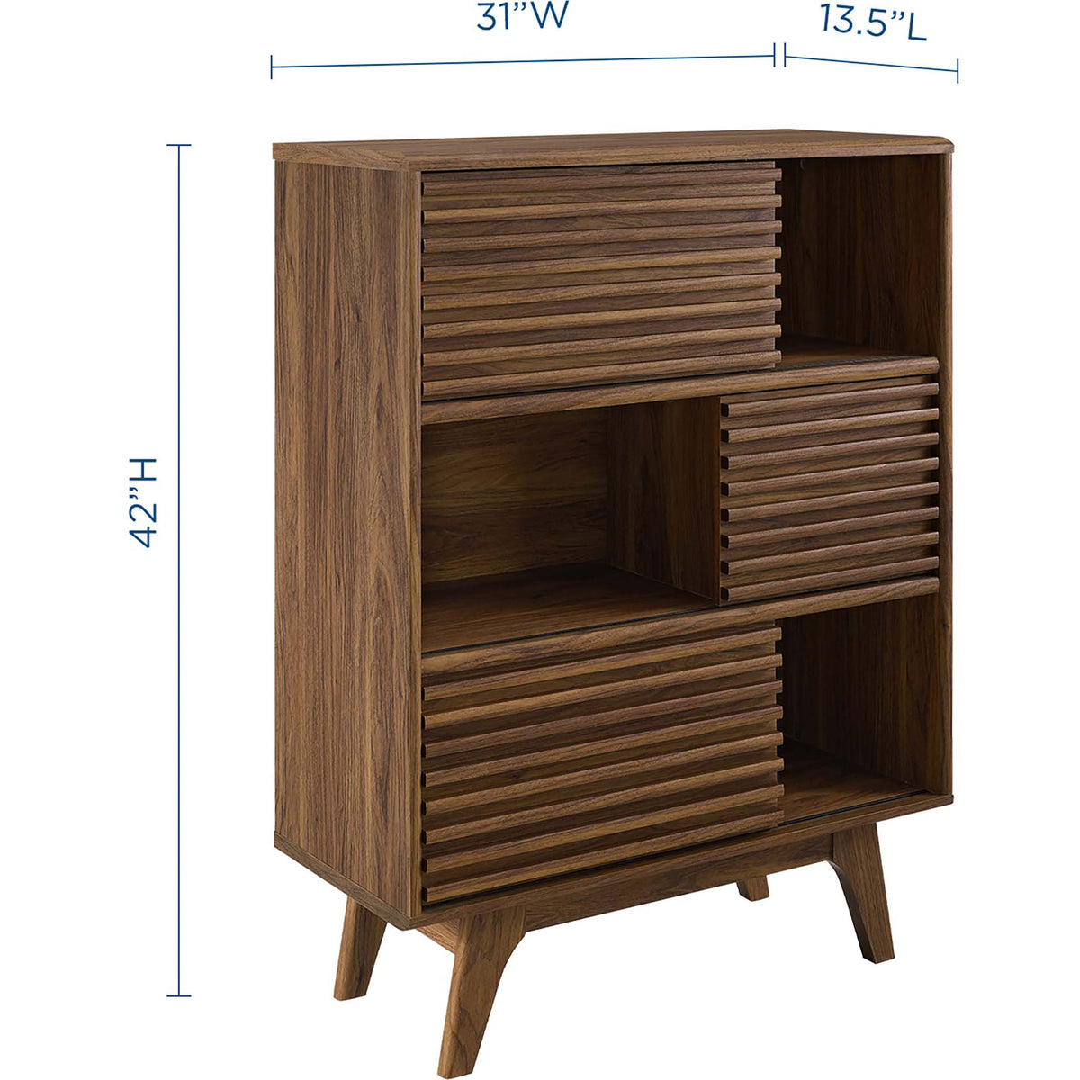 Dimensions diagram for the Render walnut three-tier display storage cabinet stand || EEI-3343-WAL || dimension_studio